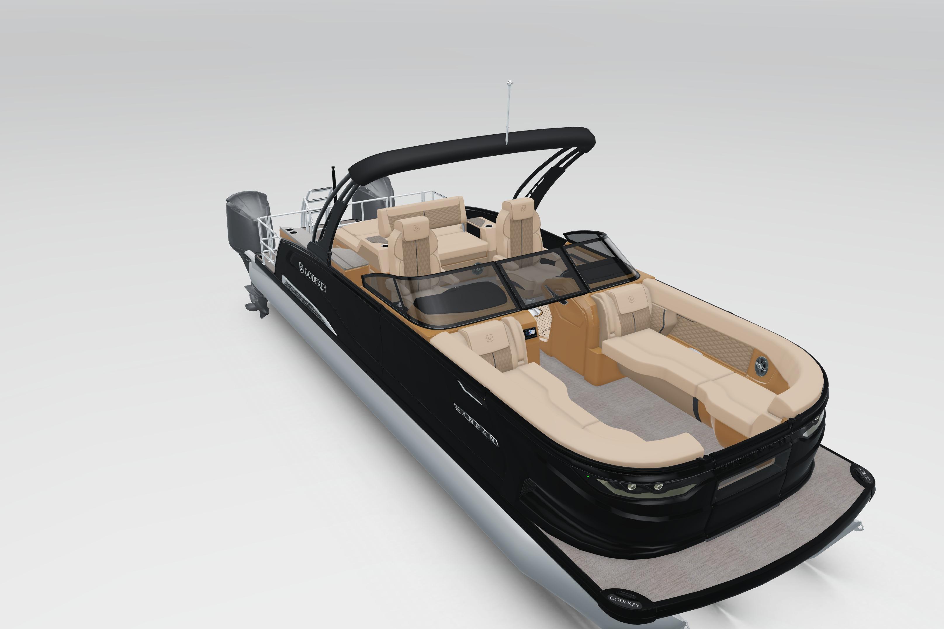 2026 Godfrey Sanpan 27' Tritoon with luxurious seating and sleek black design.