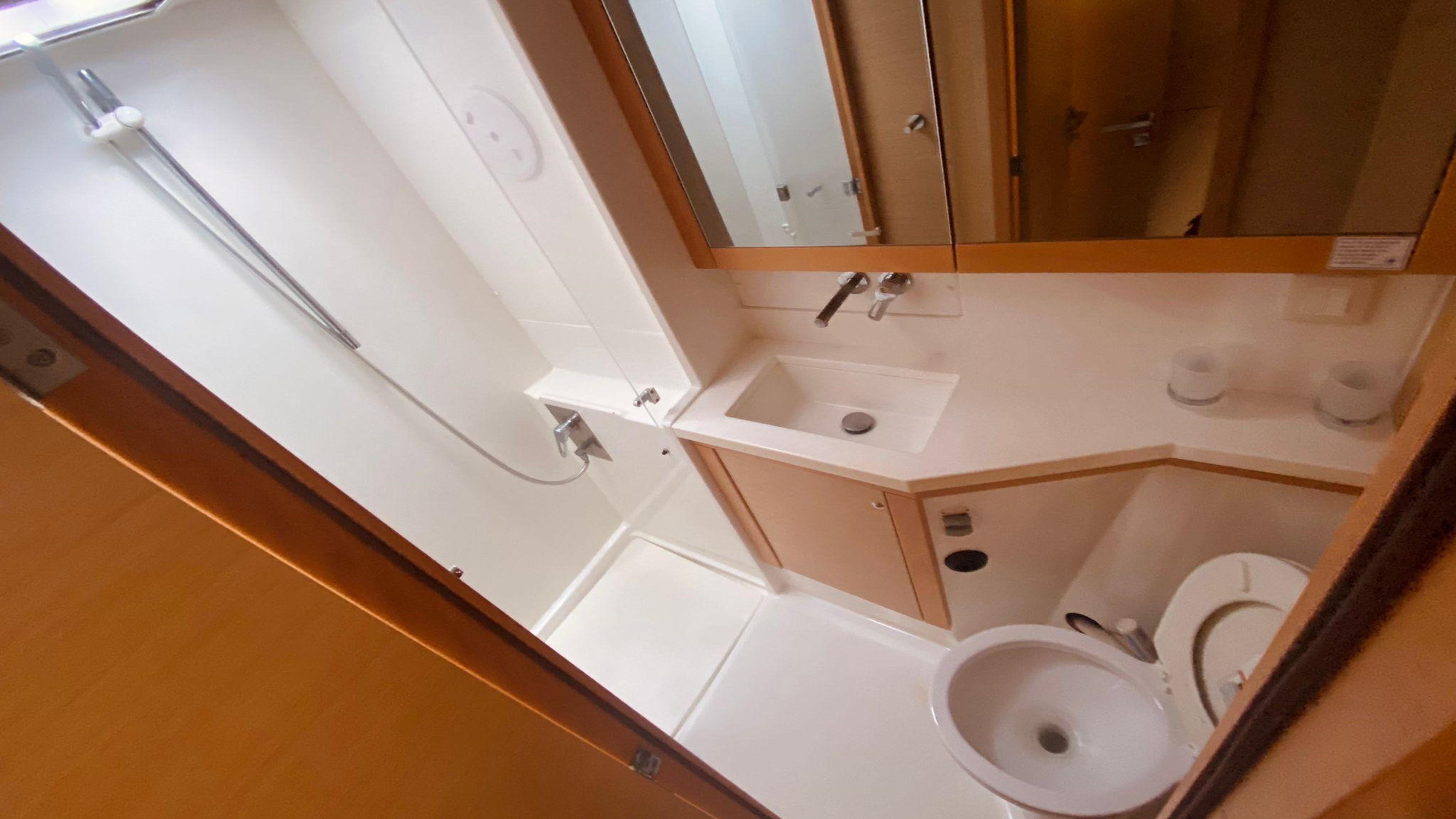 Bathroom interior of 2017 Lagoon 450 F yacht, featuring shower, sink, and toilet.