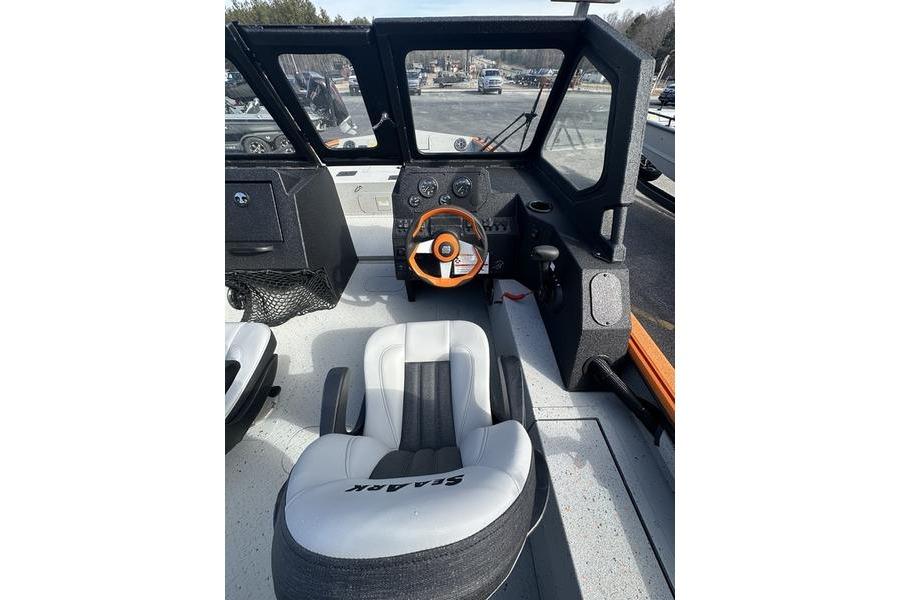 2026 SeaArk ProCat 240 boat interior with steering wheel and cushioned seat.