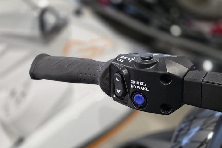 Handlebar controls of 2026 Yamaha WaveRunner GP HO, featuring cruise and no wake buttons.
