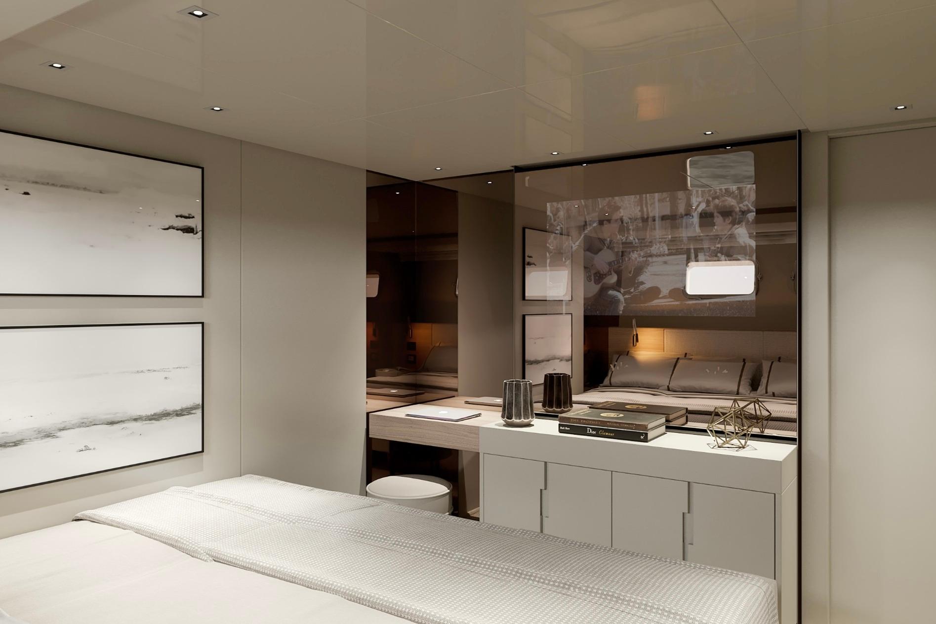Luxurious interior of 2024 Sanlorenzo SL90A yacht bedroom with modern decor and elegant furnishings.