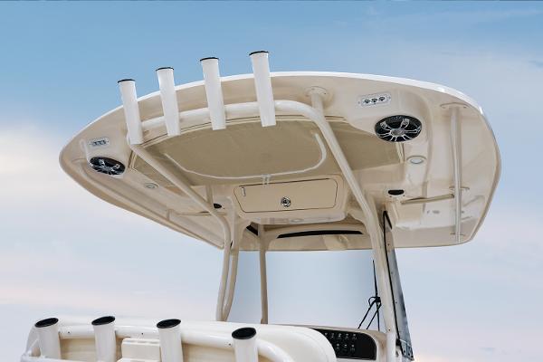 Manufacturer Provided Image: 2024 Grady-White Canyon 271 boat top view with rod holders and speakers.