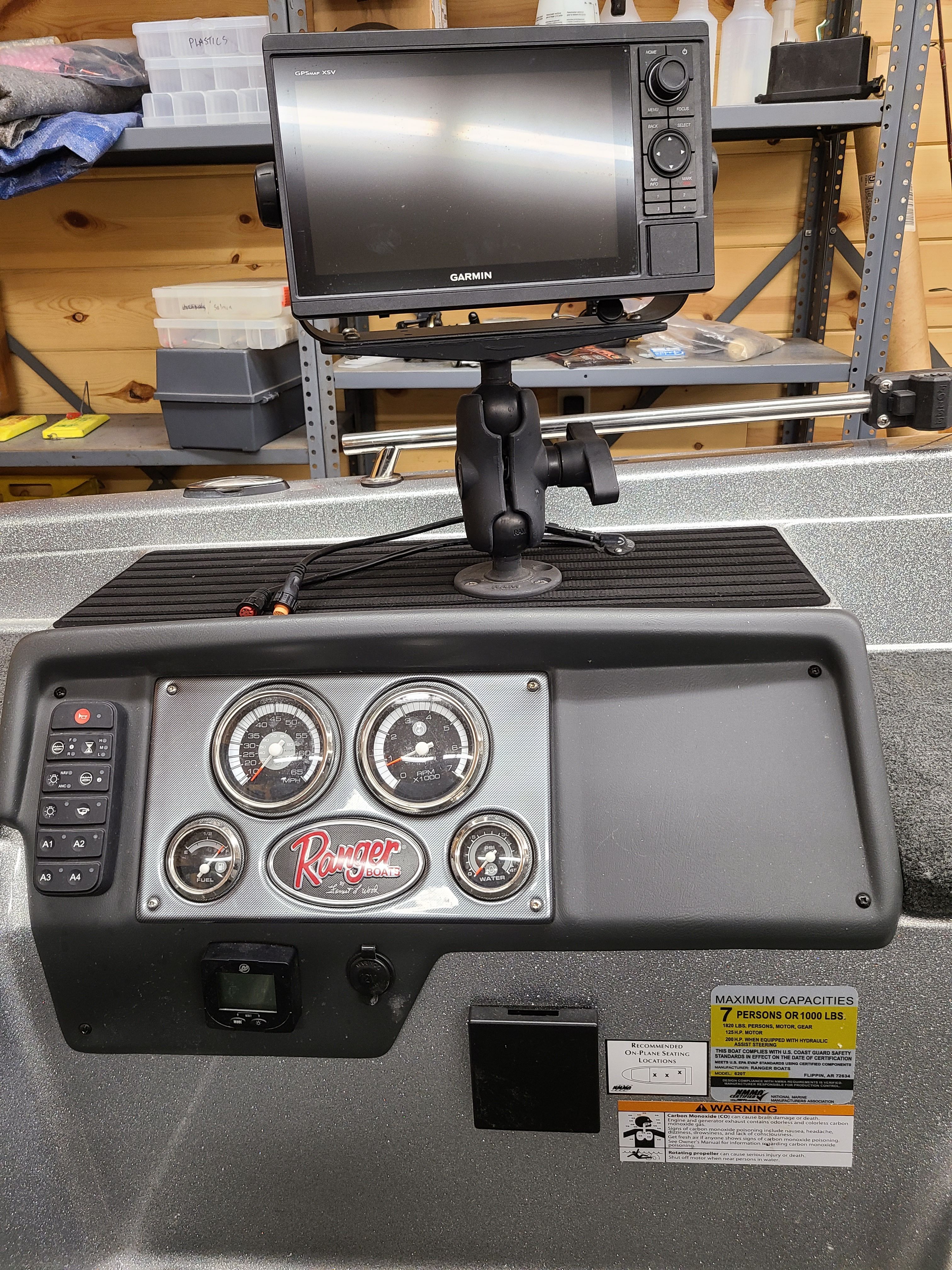 Dashboard of a Ranger 620T Fisherman boat with Garmin GPS.