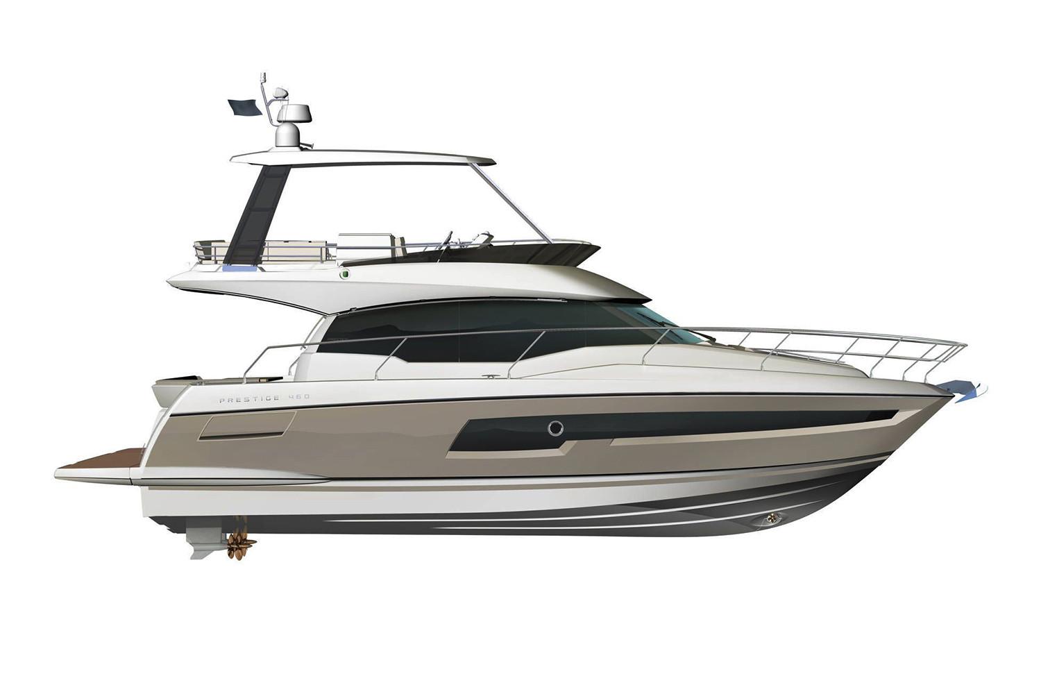 Prestige 460 Yacht 2023, luxury design, side view.