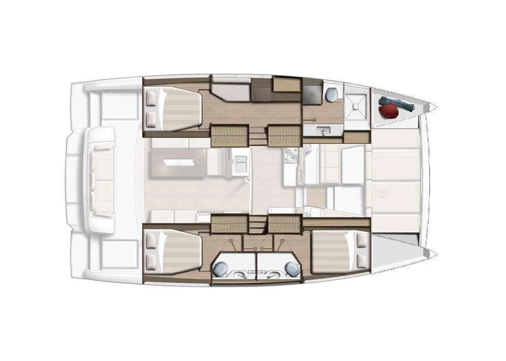 Floor plan of a 2026 Bali 4.2 catamaran, featuring cabins, bathrooms, and living areas.