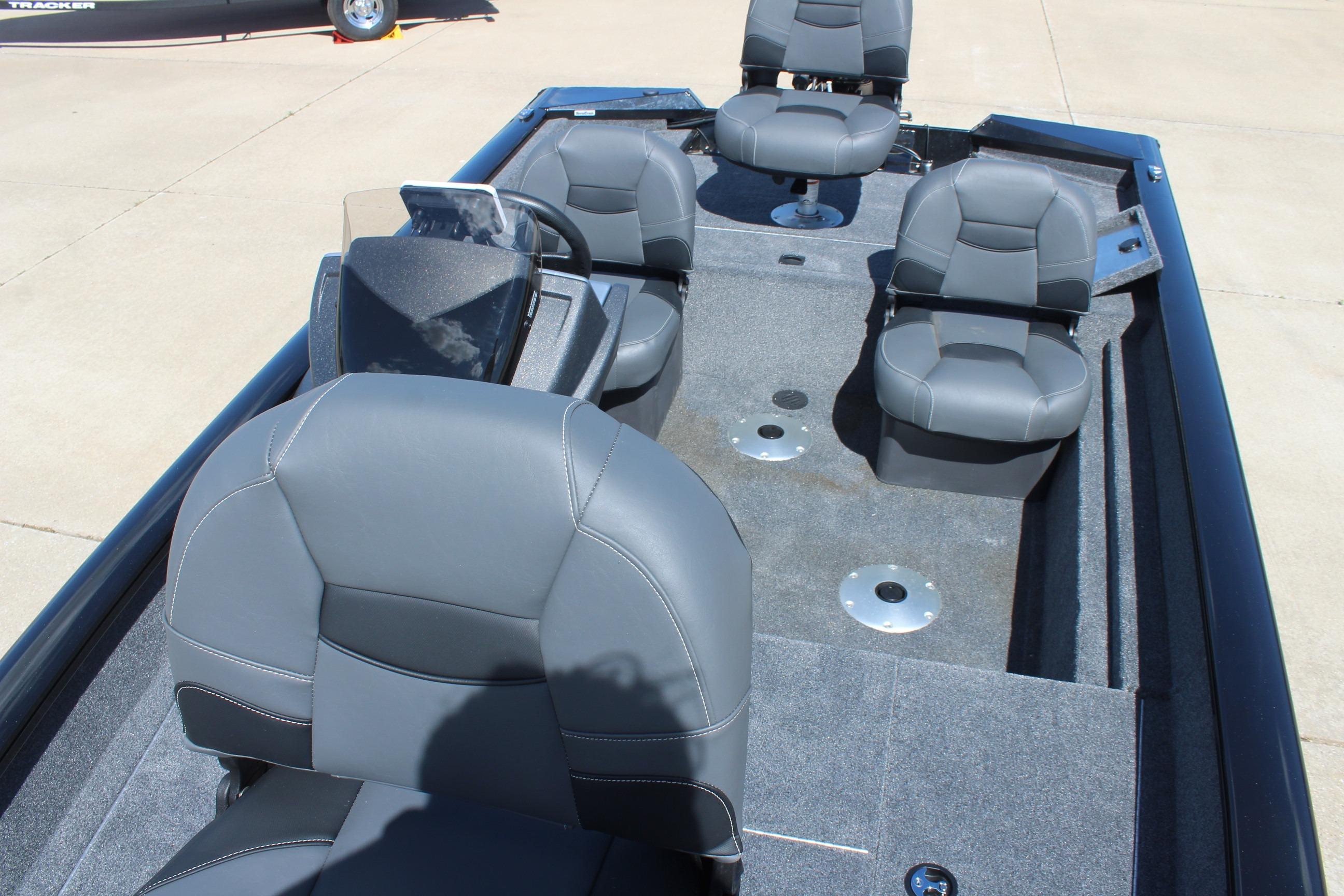 2026 Tracker Pro Team 175 Crappie Edition boat interior with four gray seats.