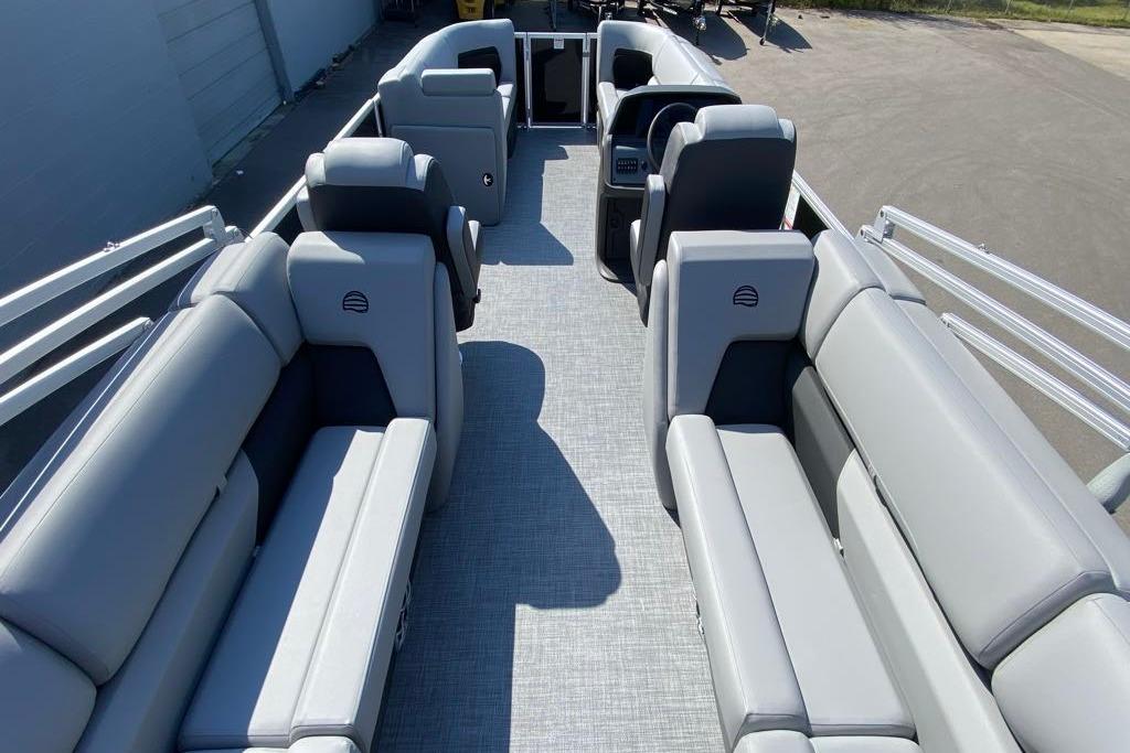2026 Sun Tracker Party Barge 22 DLX interior with spacious seating and modern design.