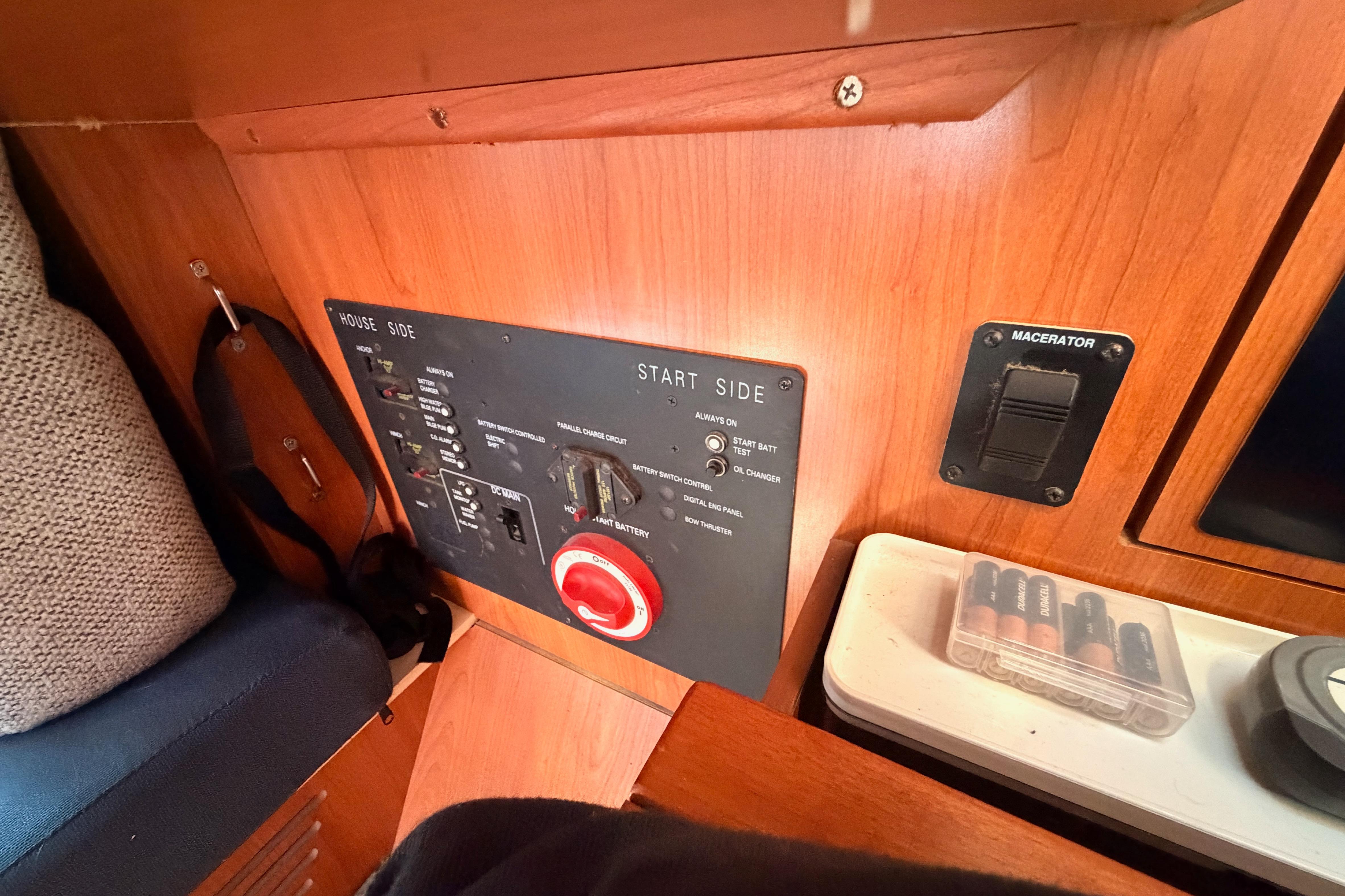 Control panel of a 2008 Hunter 45 Deck Salon yacht interior.