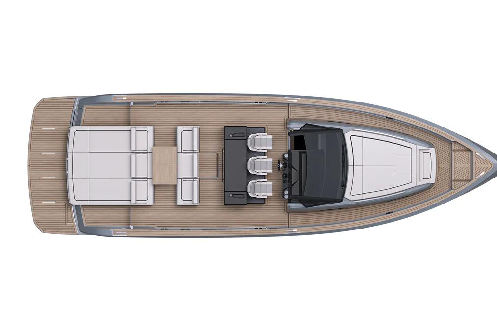 Top view of 2026 Pardo Yachts P43, showcasing sleek deck layout and modern design.