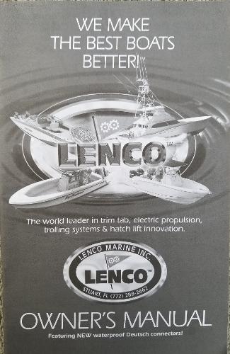 Owner's manual cover for Lenco Marine, featuring trim tab and propulsion innovations.