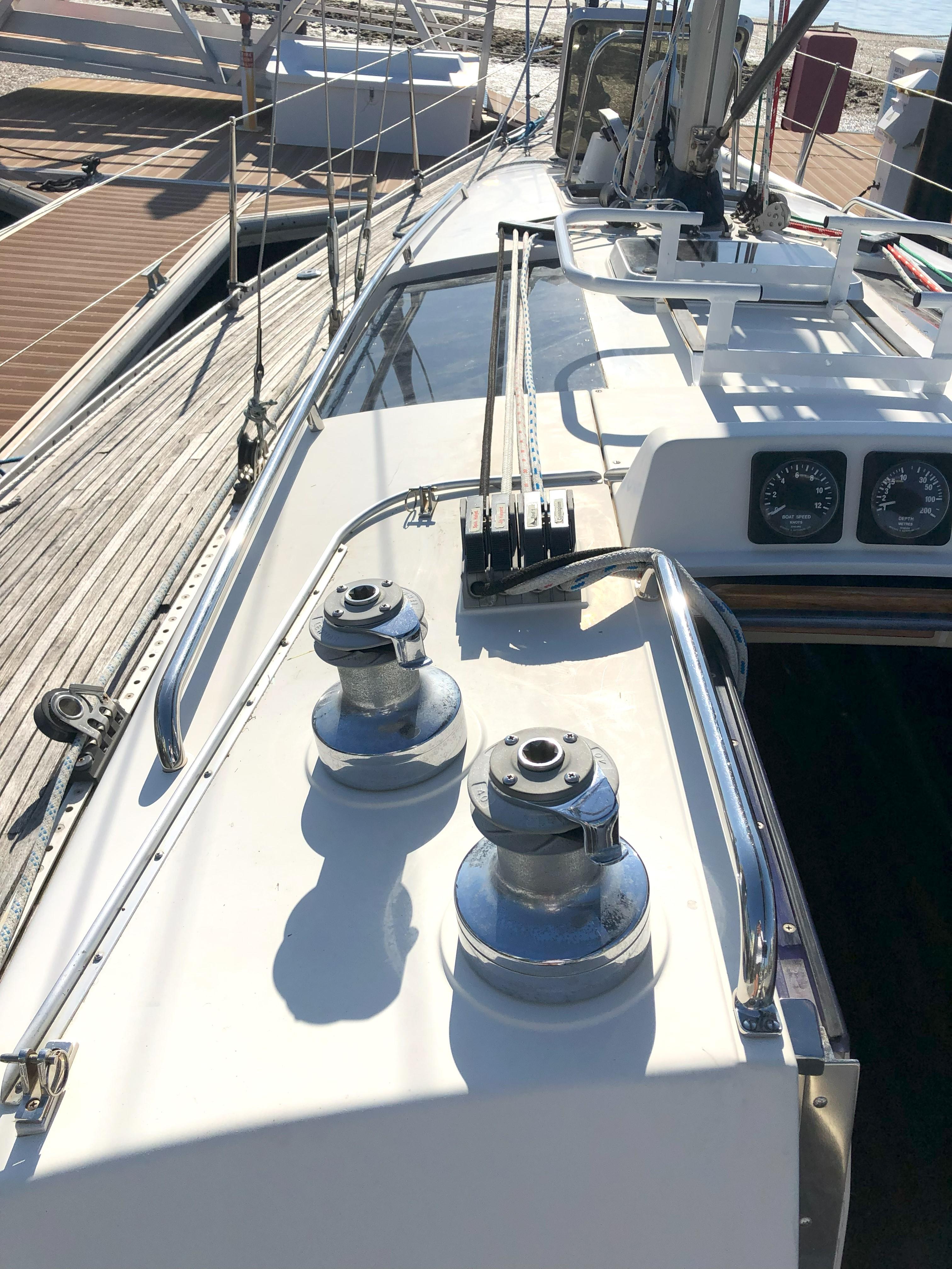 1988 Nautor Swan 36-2 sailboat deck with winches and rigging.