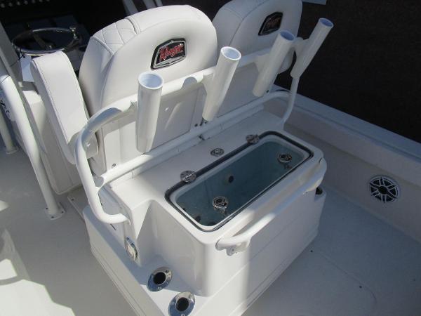 2024 Ranger 2660 Bay boat seating with rod holders and storage compartment.