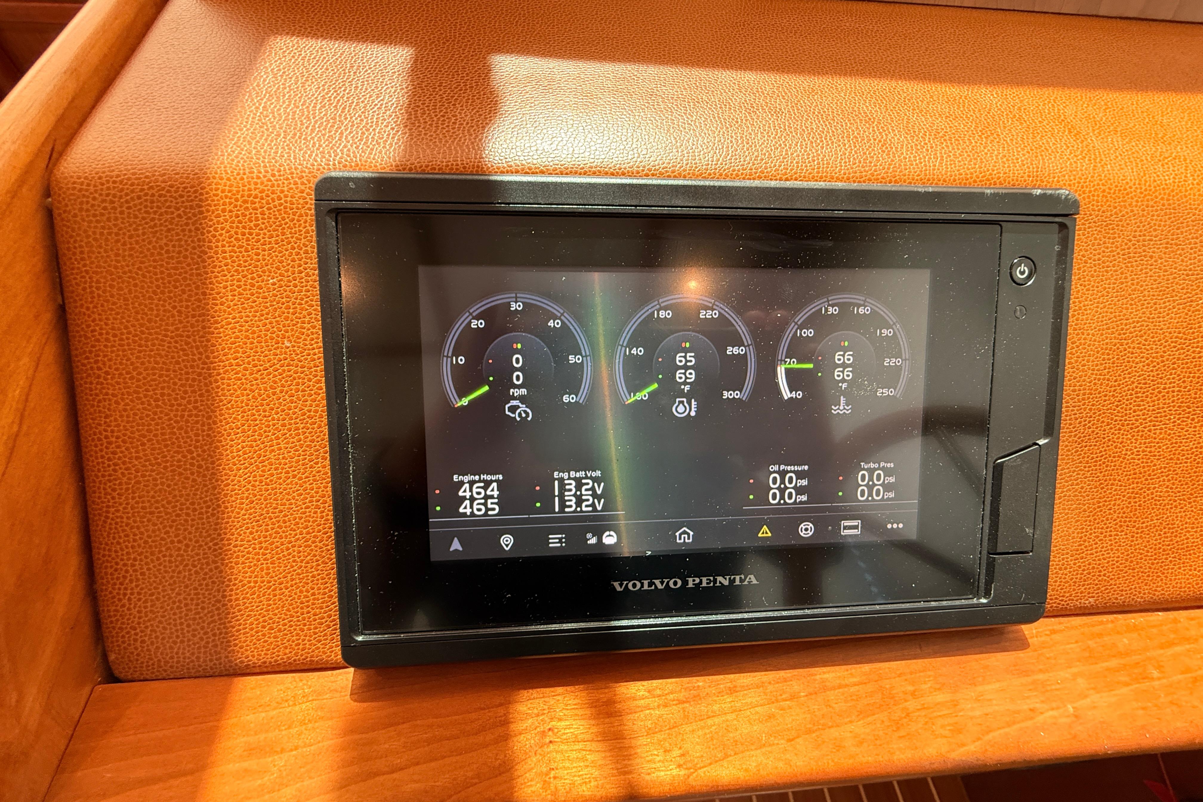 Volvo Penta display on 2022 Sabre 38 Salon Express, showing engine metrics and gauges.