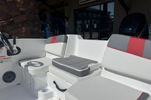 2026 Tahoe T16 boat interior with white and red seating, showcasing modern design.