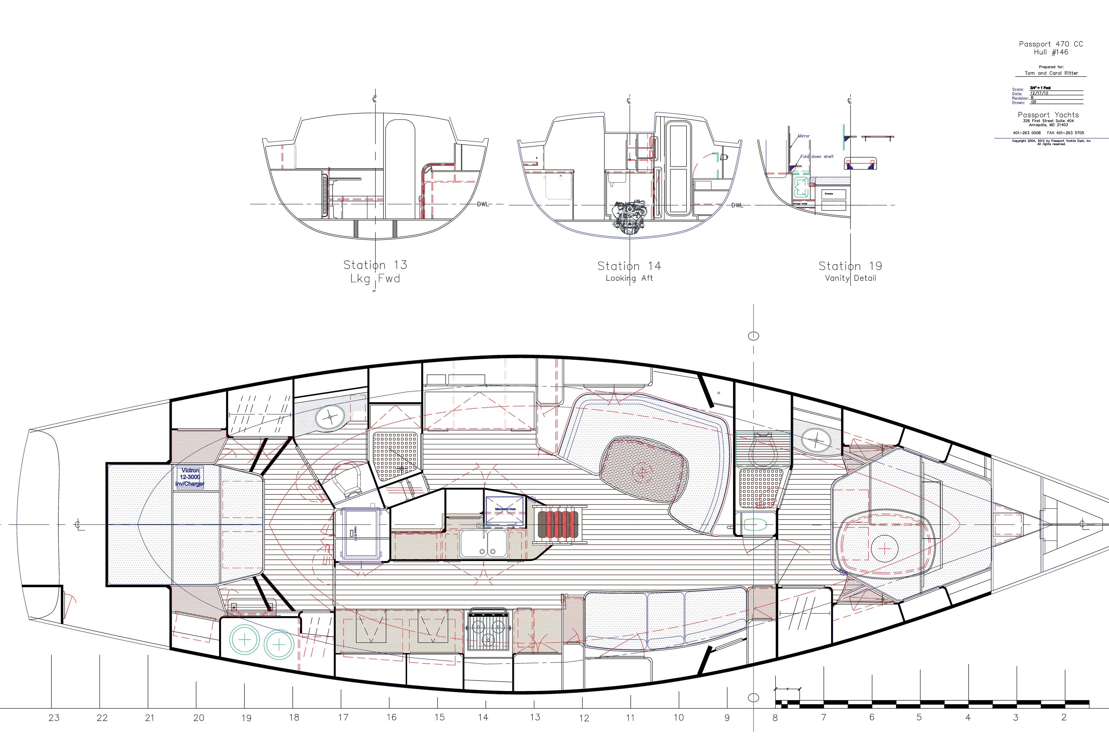 Blueprint of 2013 Passport 470 Center Cockpit yacht interior layout and design.