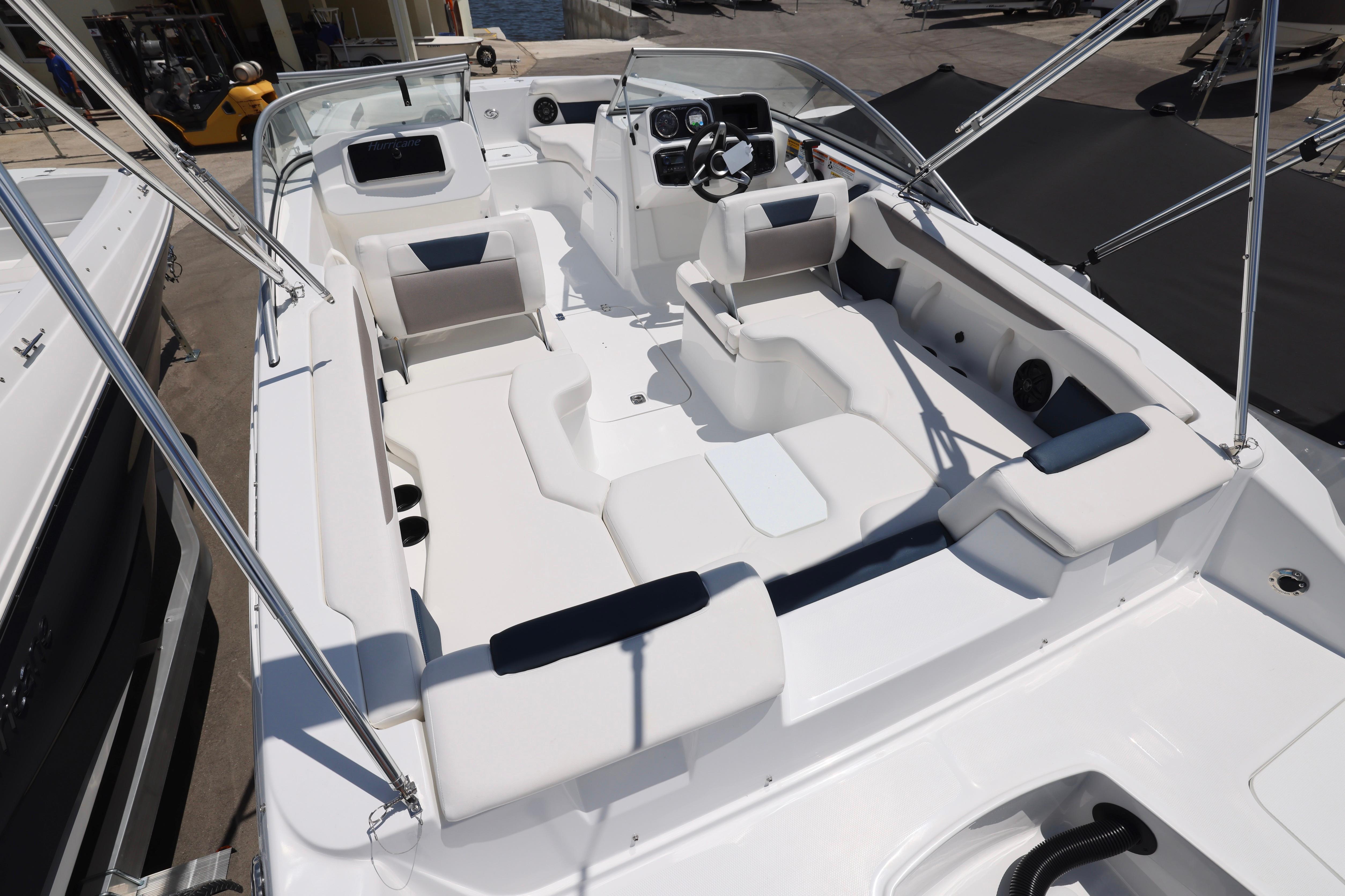 2026 Hurricane SunDeck 2050 OB boat interior with spacious seating and modern design.