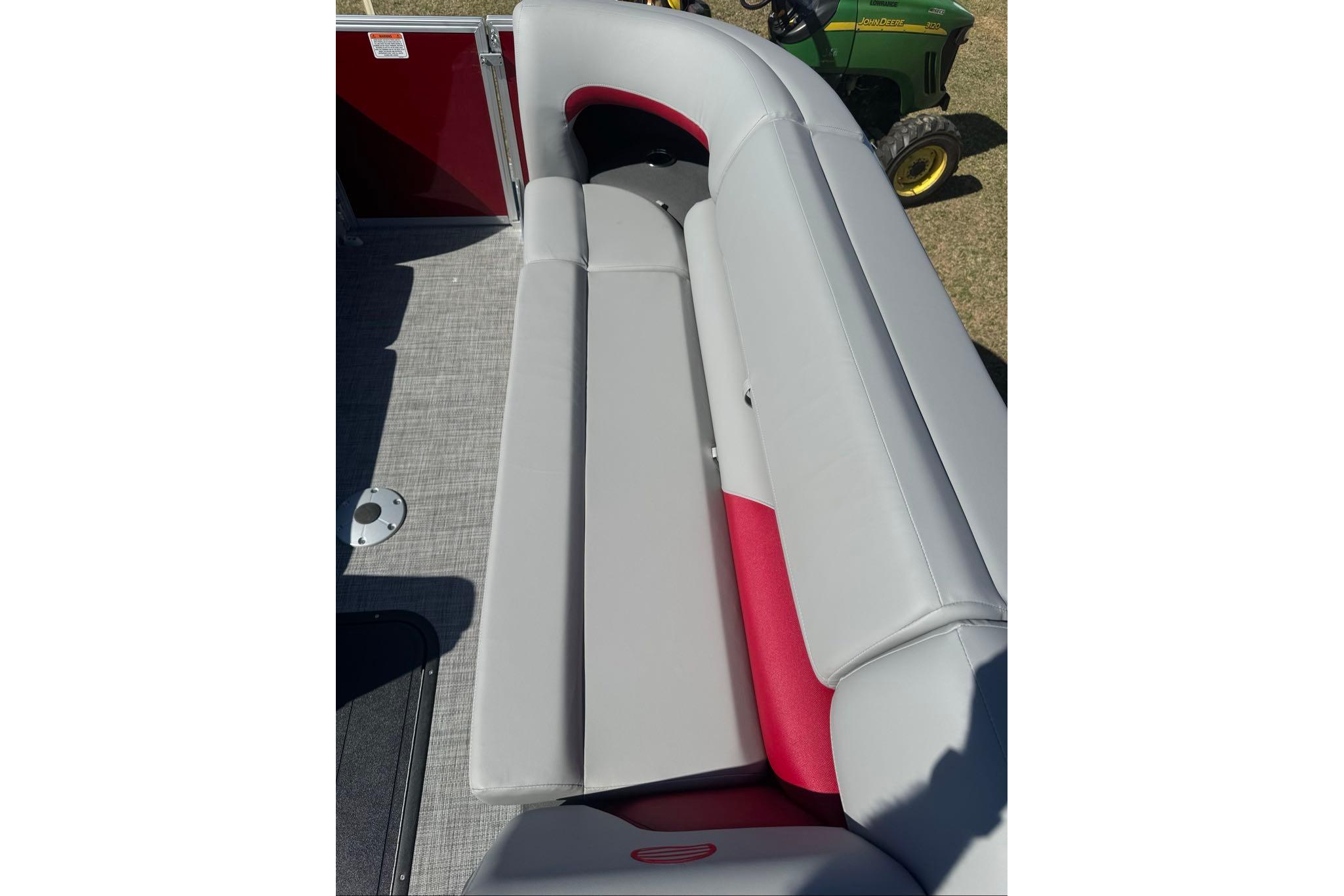 2026 Sun Tracker Party Barge 22 XP3, gray and red seating detail.