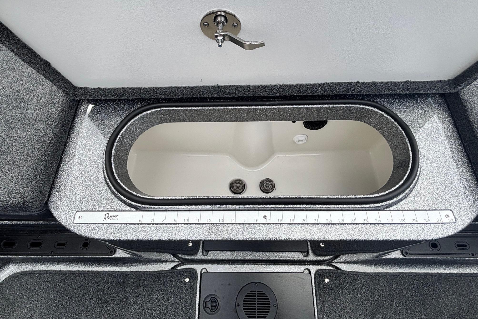 2026 Ranger 1880MS A Pack Equipped boat livewell with measuring ruler.