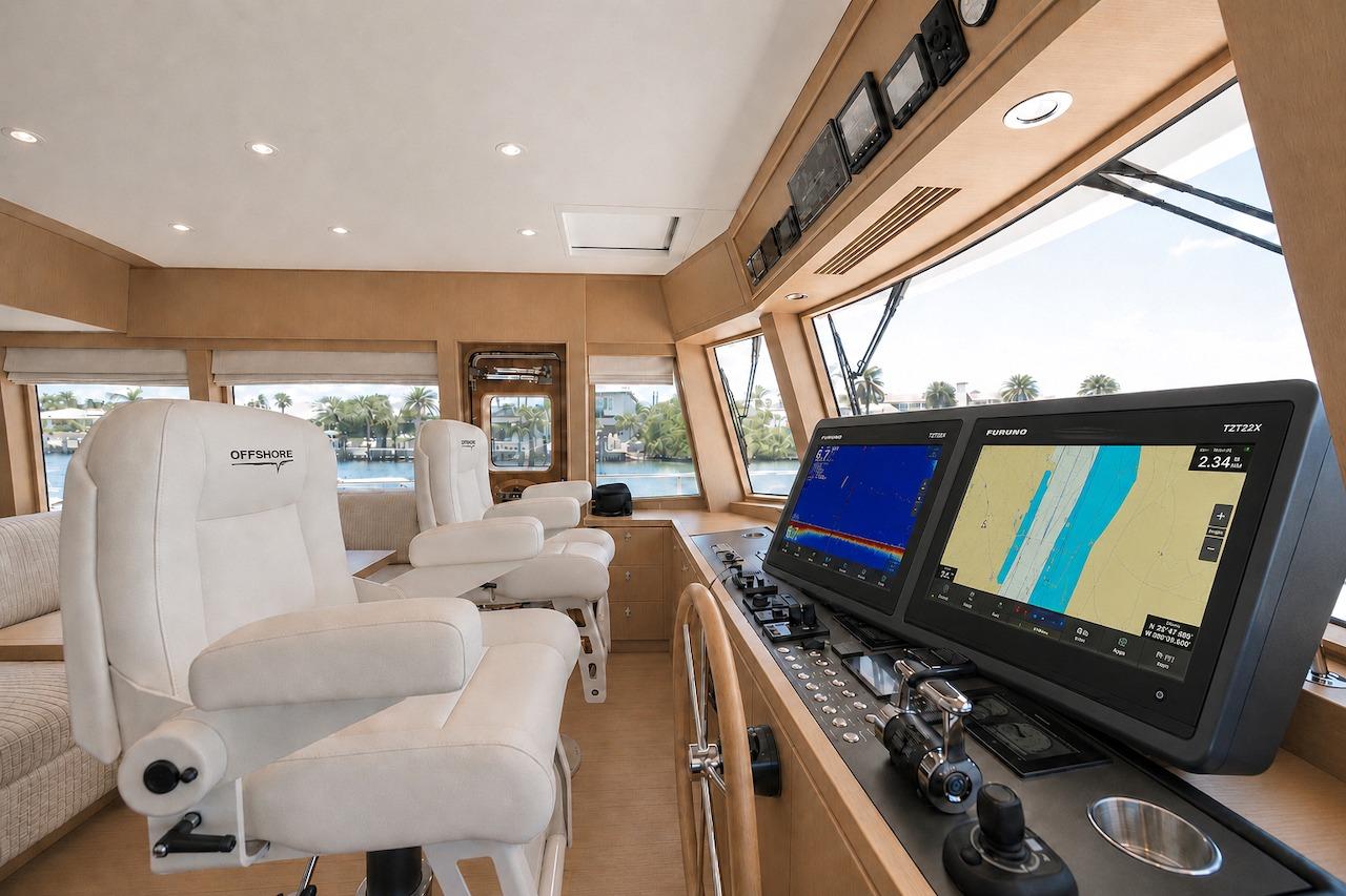Luxurious helm of 2027 Offshore Yachts 70 CE with advanced navigation displays and plush seating.