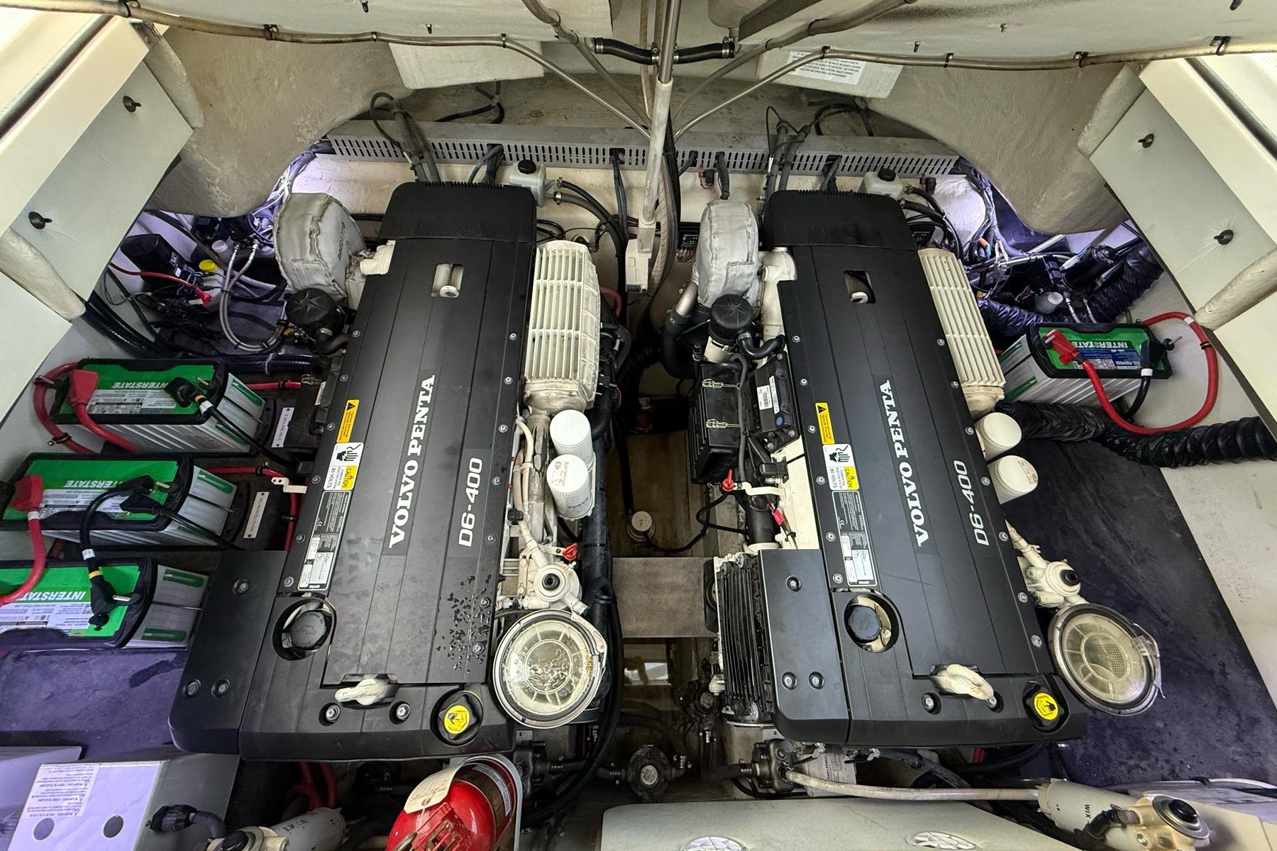 Engine room of 2017 Cobalt A40 Coupe featuring dual Volvo Penta D6-400 engines.