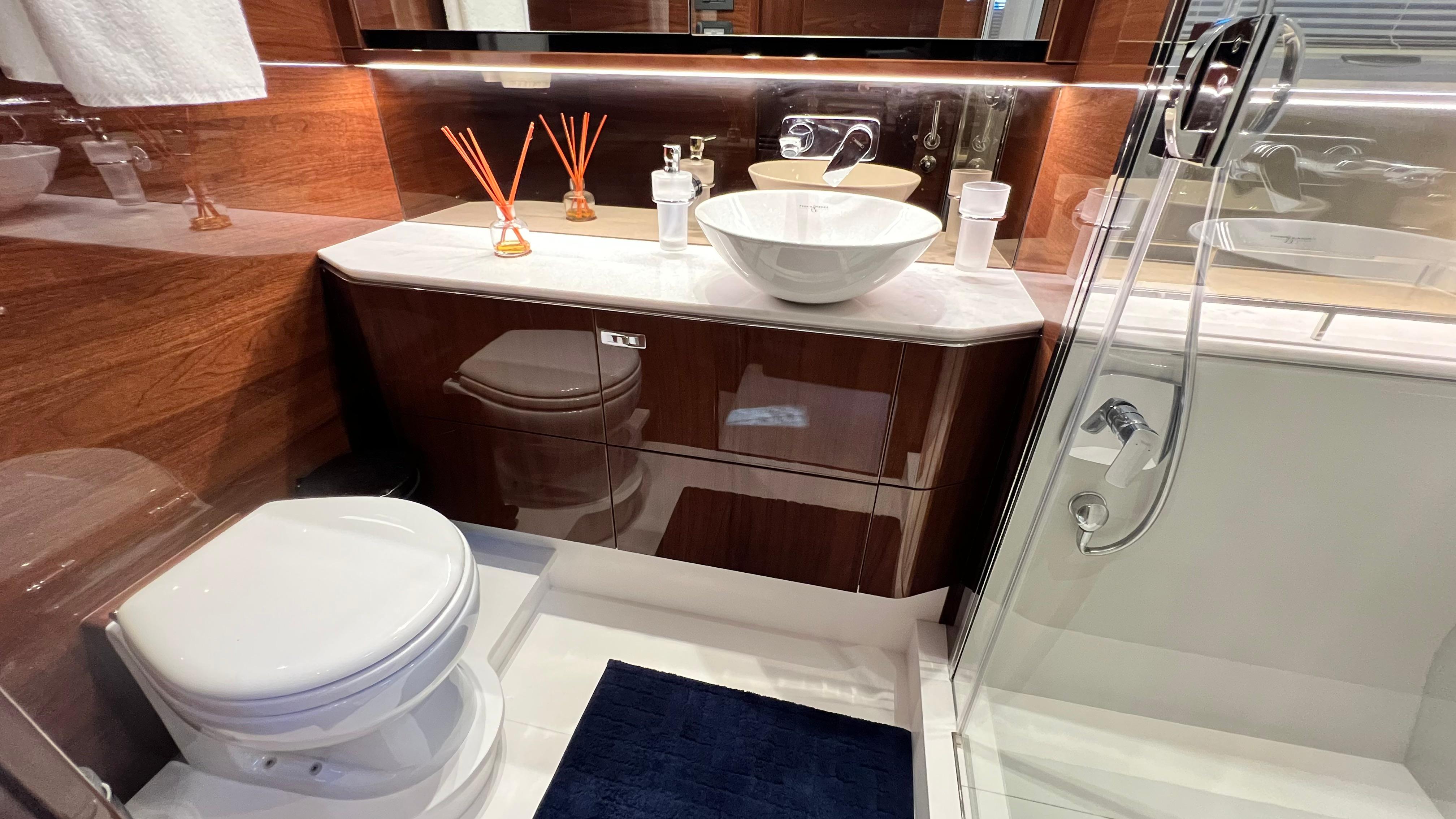 Luxurious bathroom in 2019 Princess F62 yacht with modern fixtures and elegant design.