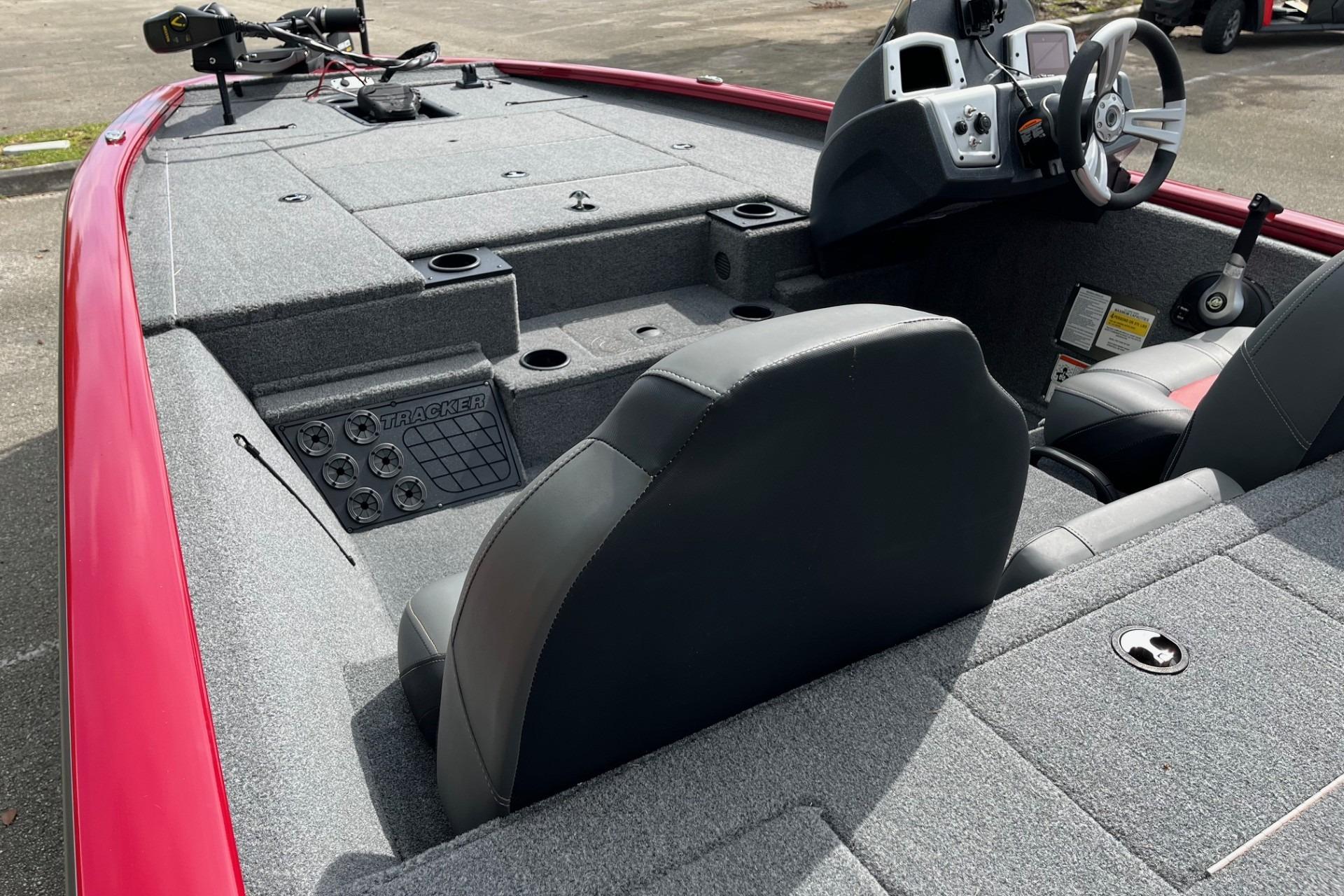 2025 Tracker Pro Team 195 Tournament Edition boat interior with steering console and seating.