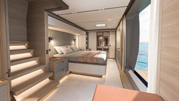 Luxurious interior of 2025 Lagoon 83 yacht with modern bedroom and ocean view.