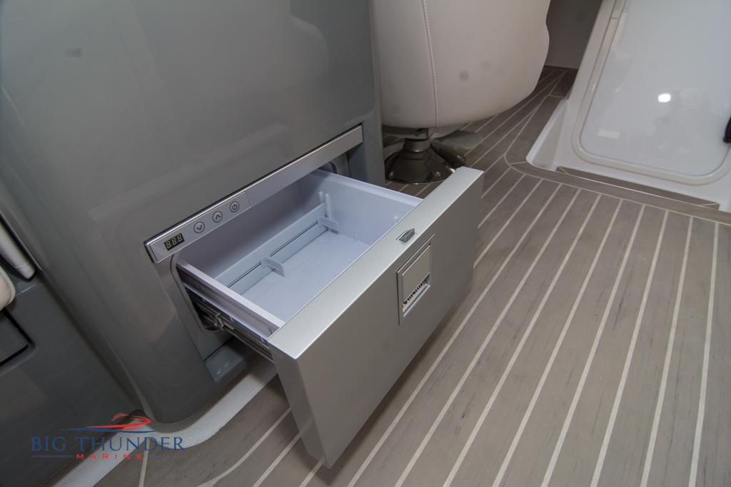 Open drawer refrigerator in 2019 Donzi 41 GT boat interior.
