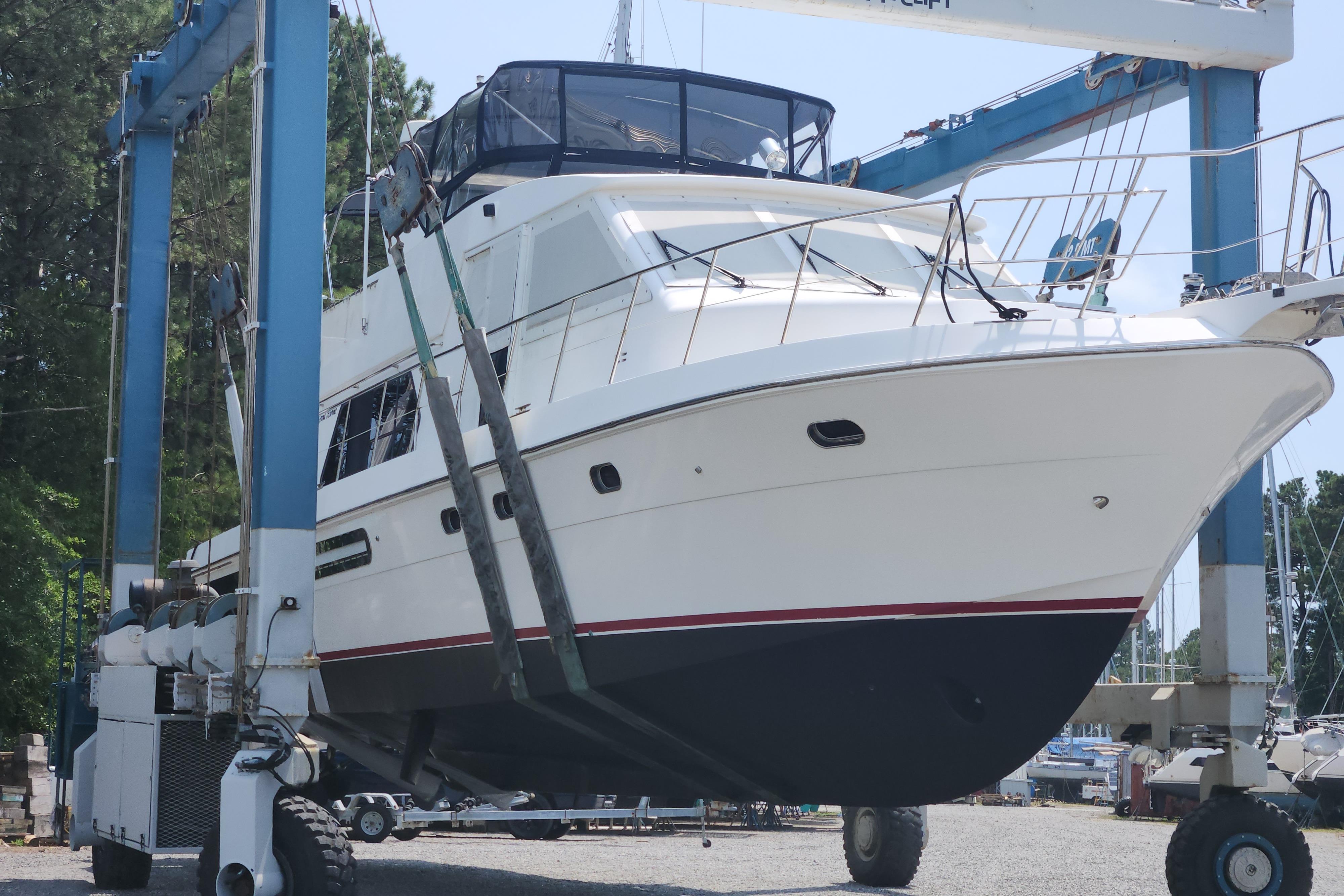 2004 Grand Harbour 58 yacht in dry dock for maintenance.