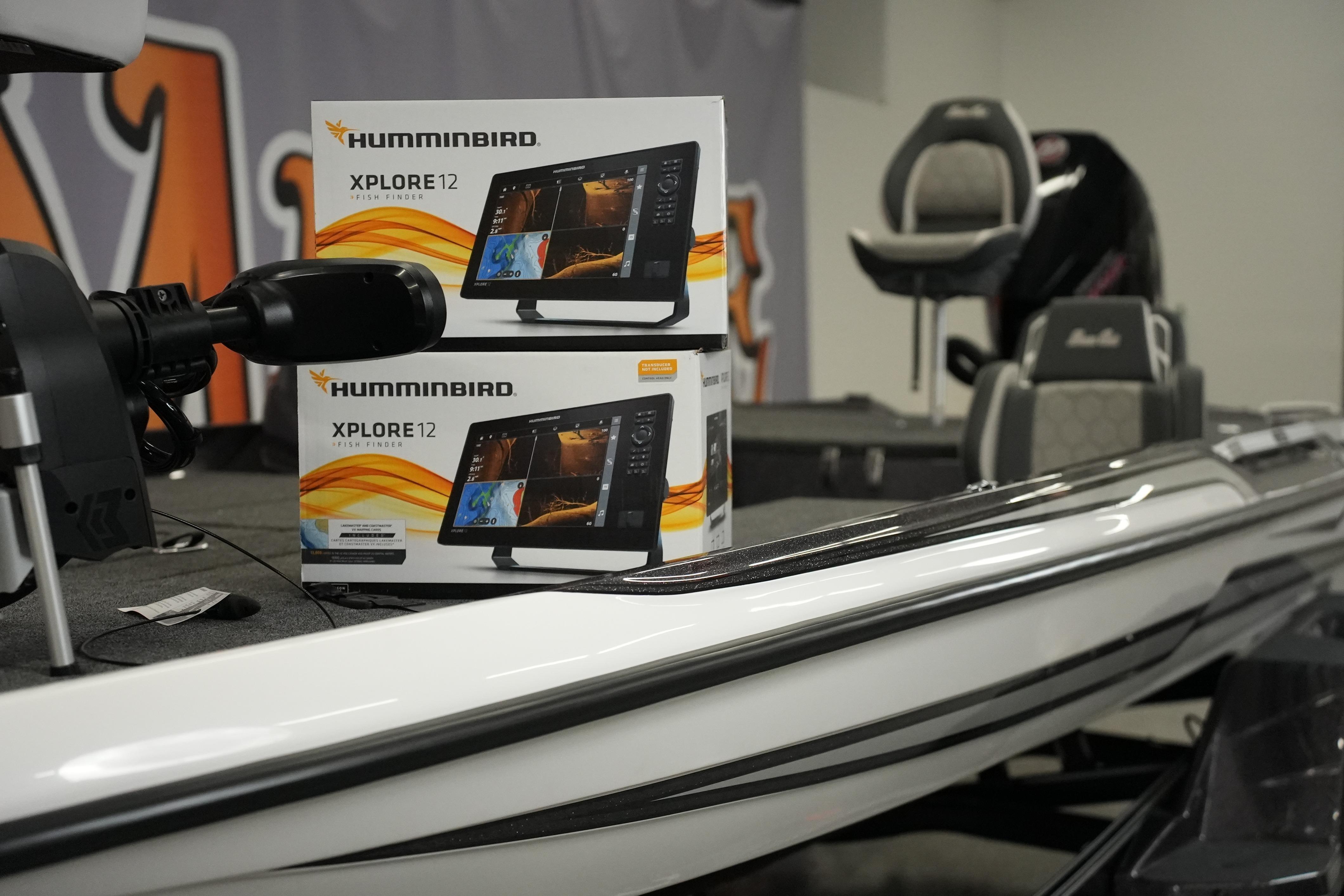 2026 Bass Cat Puma STS boat with Humminbird Xplore 12 fish finders displayed.