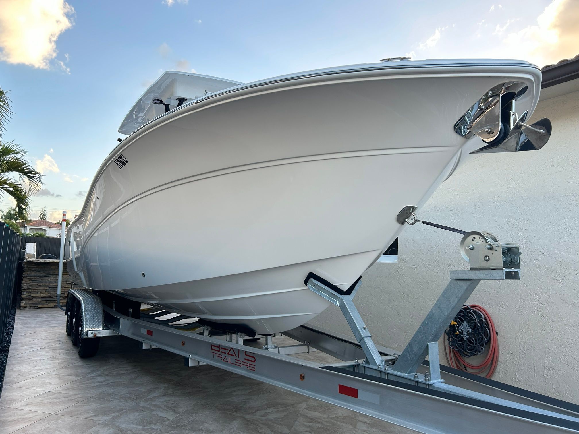 A 2023 Sea Fox 288 Commander on a trailer, ready for the water.