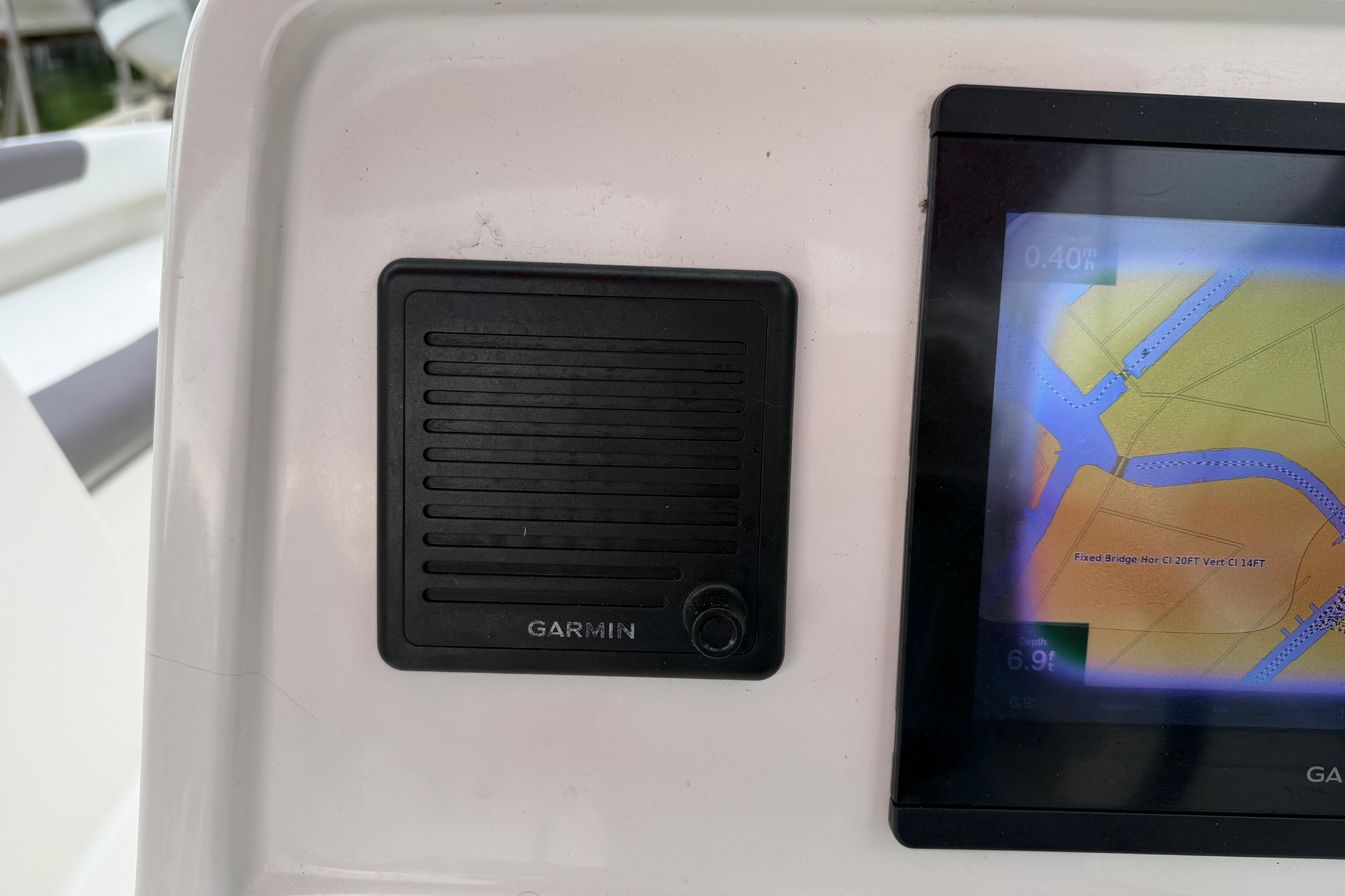 Garmin navigation system on 2019 World Cat 230 DC boat dashboard.