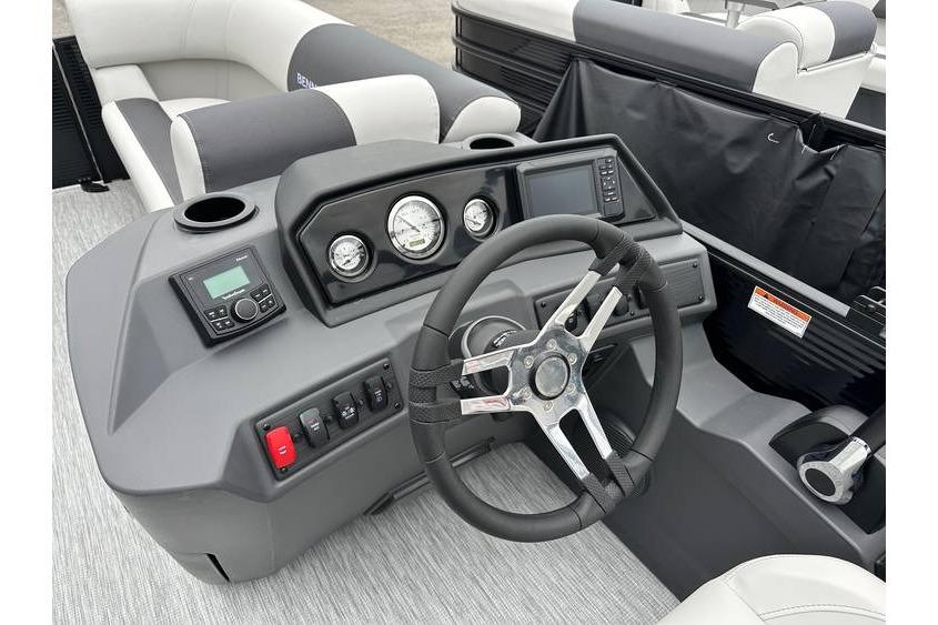 2026 Bennington 20 SSR Quad Bench Tritoon dashboard with steering wheel and controls.