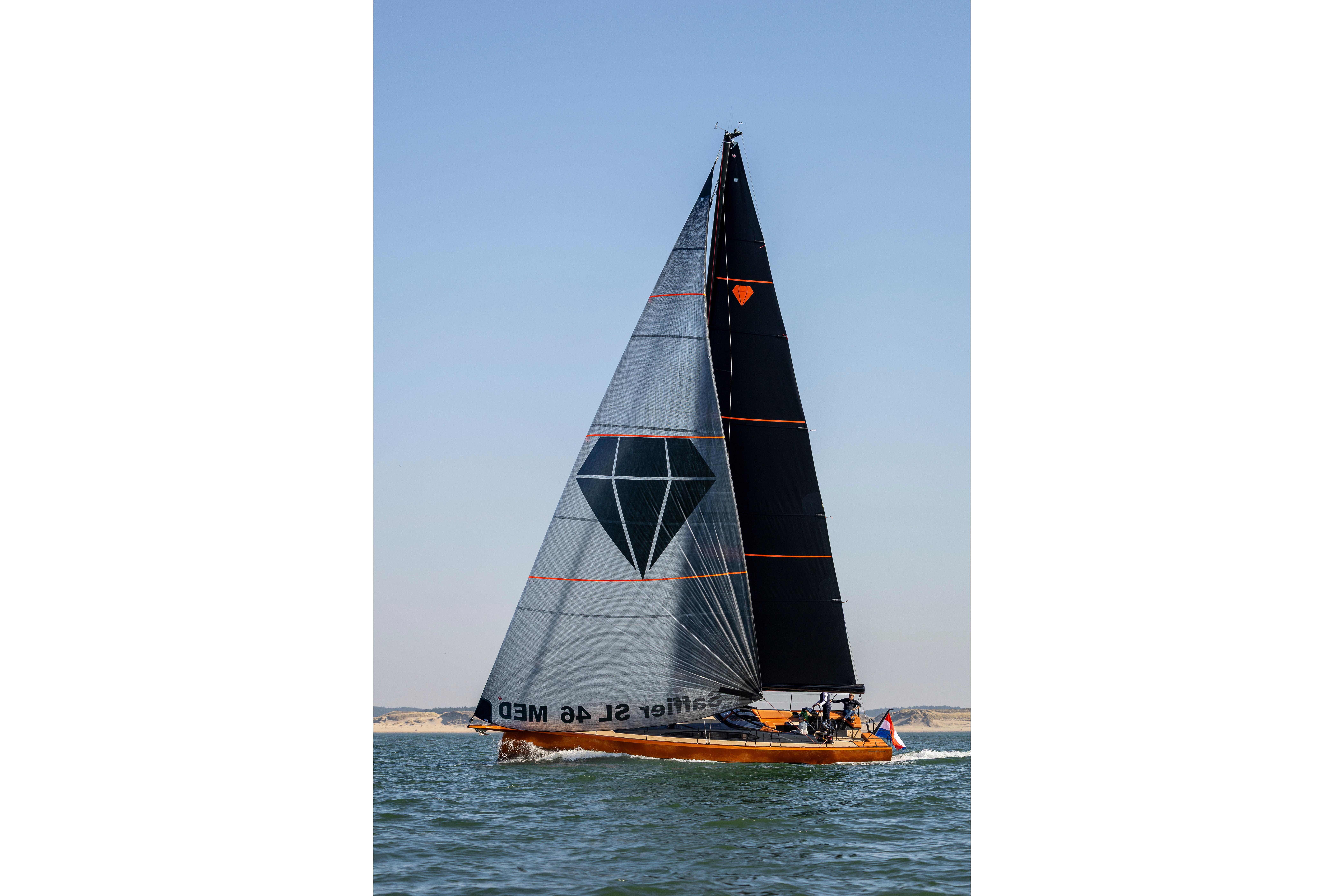 Saffier SL 46 MED 2027 sailing yacht on open water under clear sky.