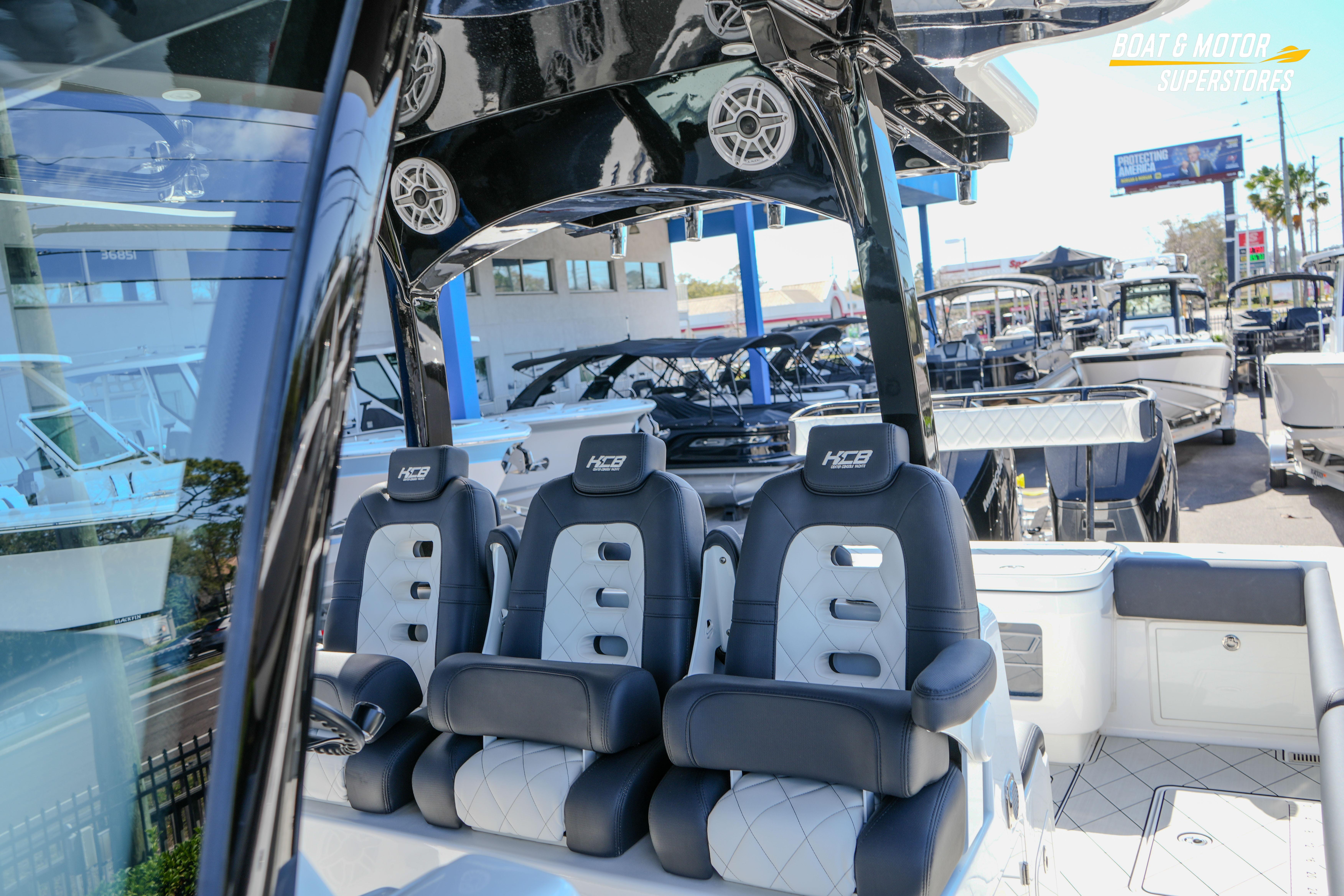 2023 HCB 39 Speciale boat interior with luxury seating at a dealership.