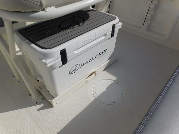 2025 Sailfish 232 CC boat interior with Engel cooler and seating.
