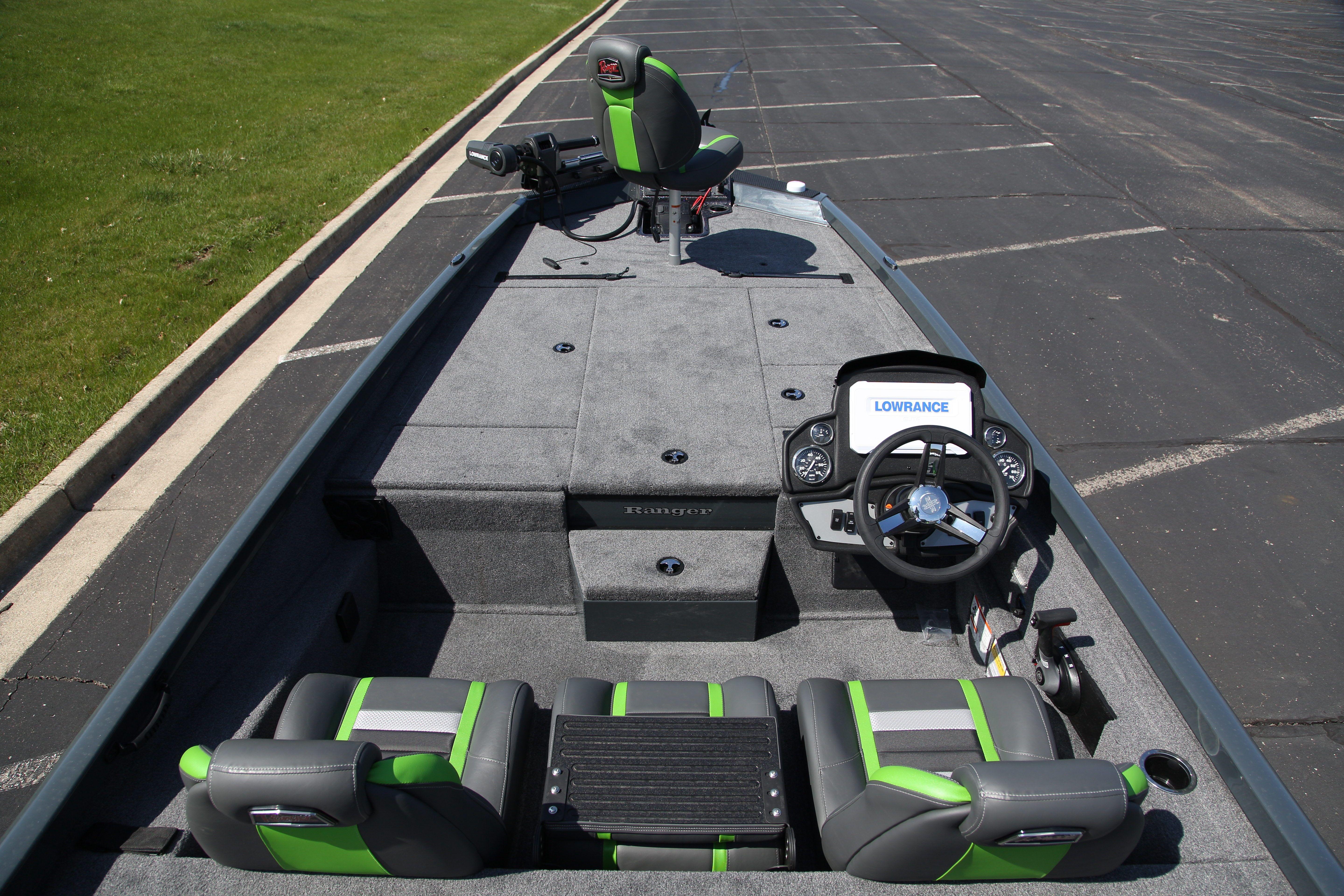 2026 Ranger RT198P fishing boat interior with green accents and advanced navigation system.