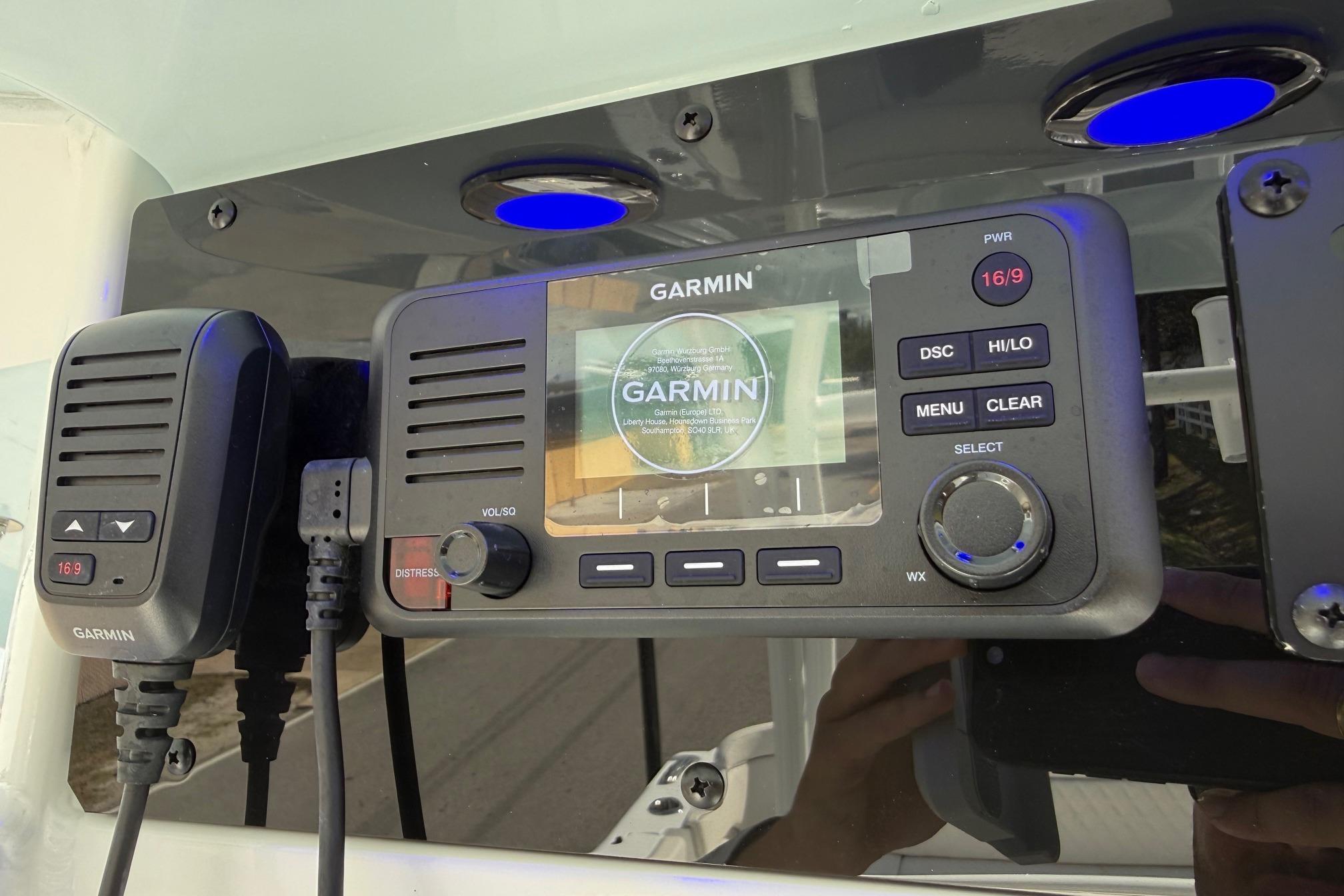 Garmin marine radio on 2026 Sea Hunt Ultra 285 Coffin Box boat dashboard.