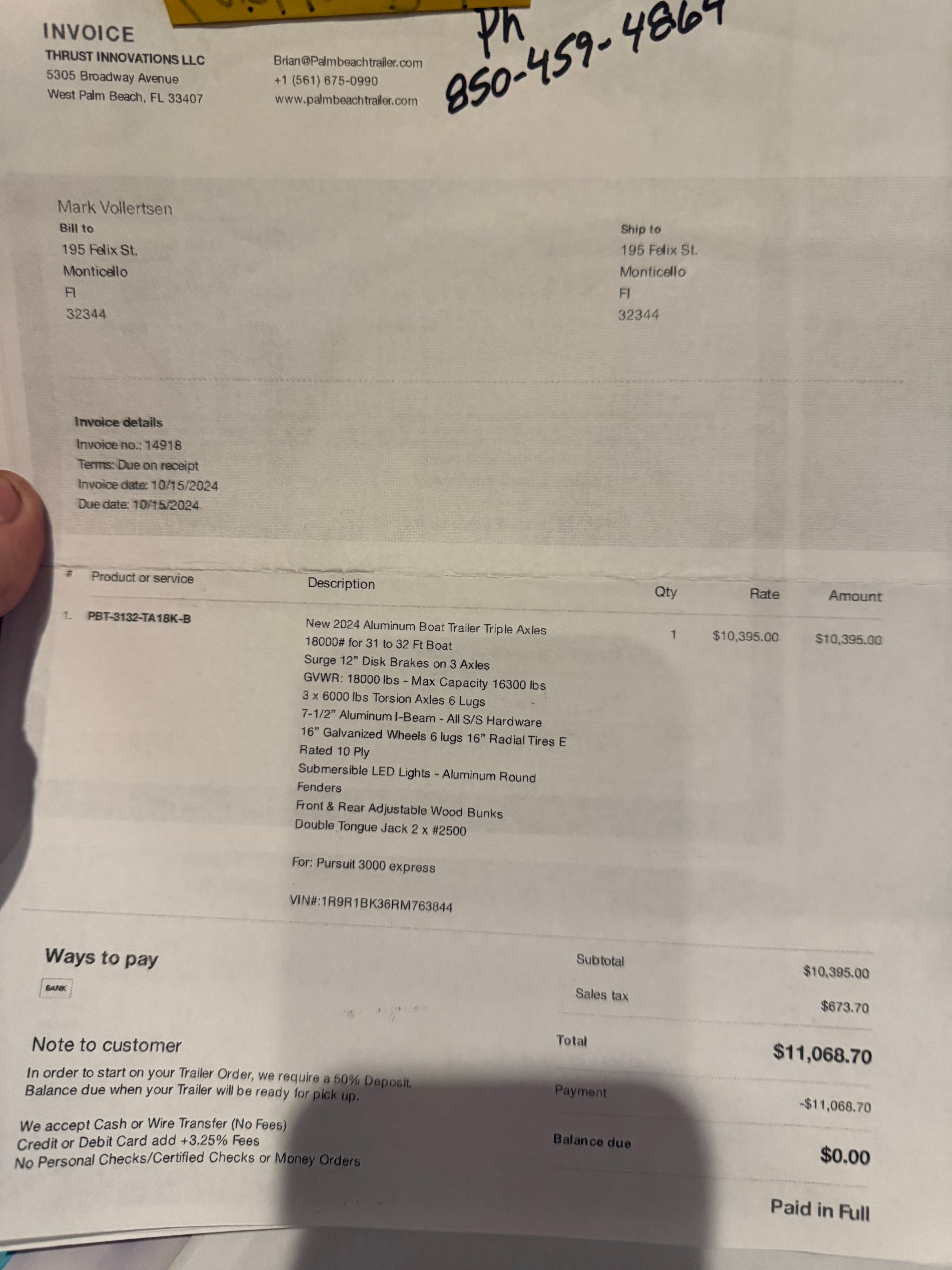 Invoice for a 2002 Pursuit 3000 Express with trailer and accessory details.