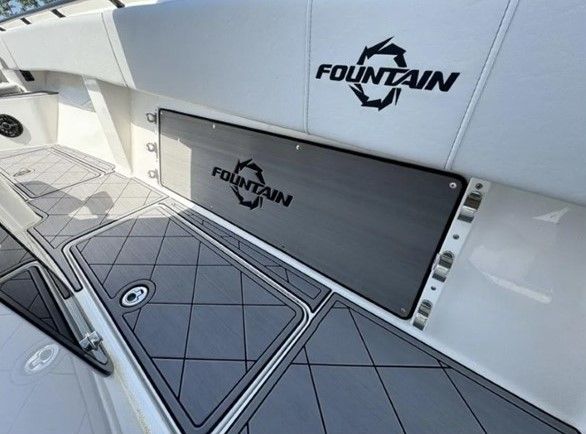 Interior of 2023 Fountain 38 Tournament Edition with logo and flooring.