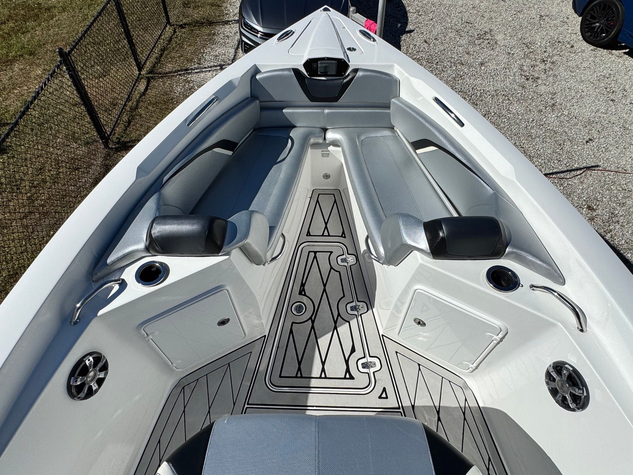 Interior view of a 2017 Sunsation 32 CCX boat with gray seating.