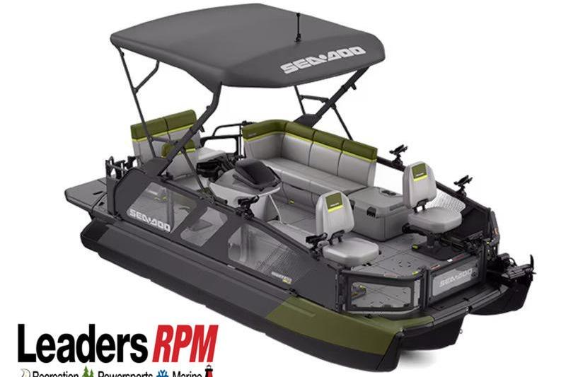 2026 Sea-Doo Switch Fish 18 pontoon boat with canopy and seating, displayed by Leaders RPM.