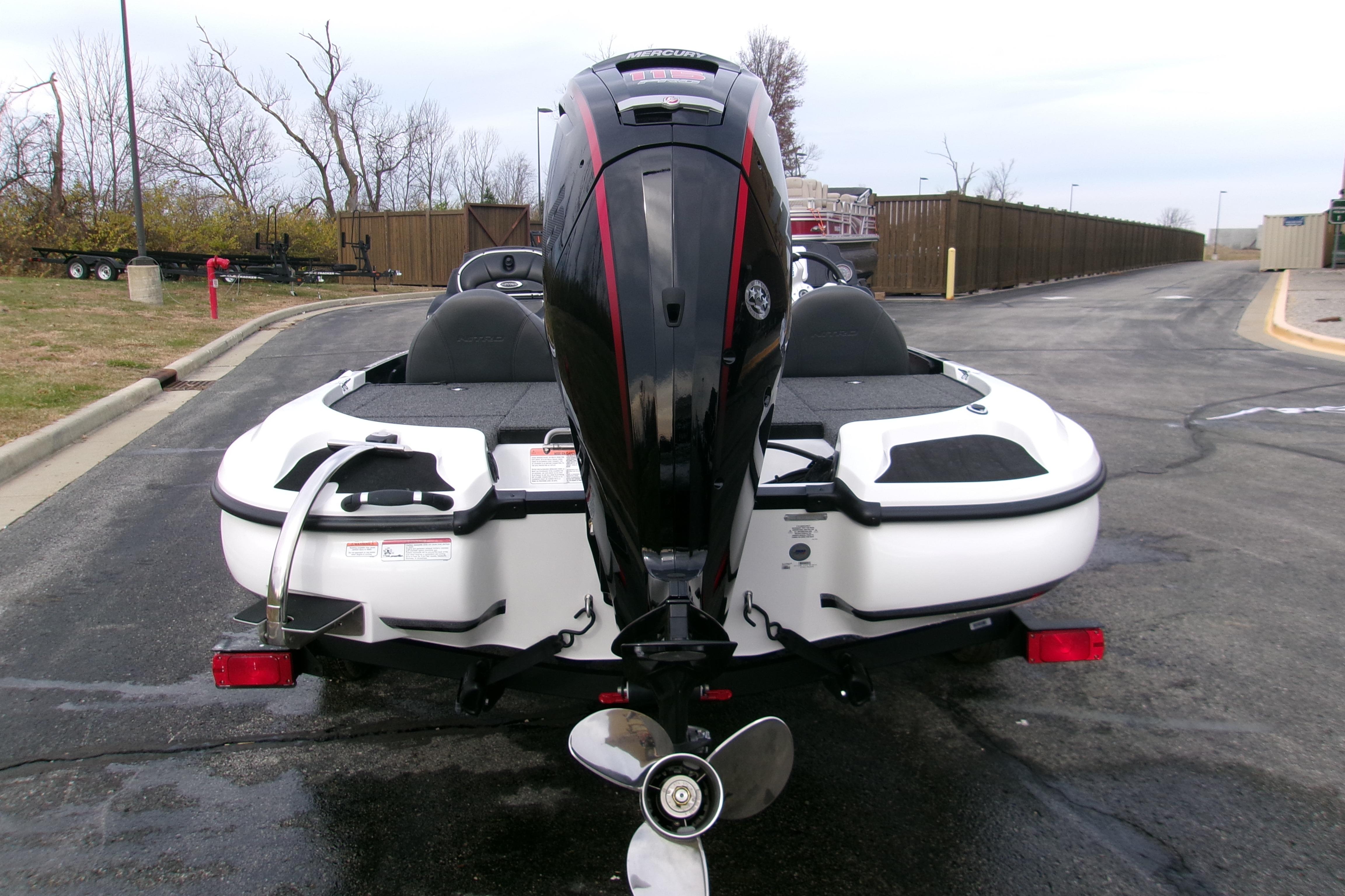 Rear view of a 2026 Nitro Z17 boat with an outboard motor.