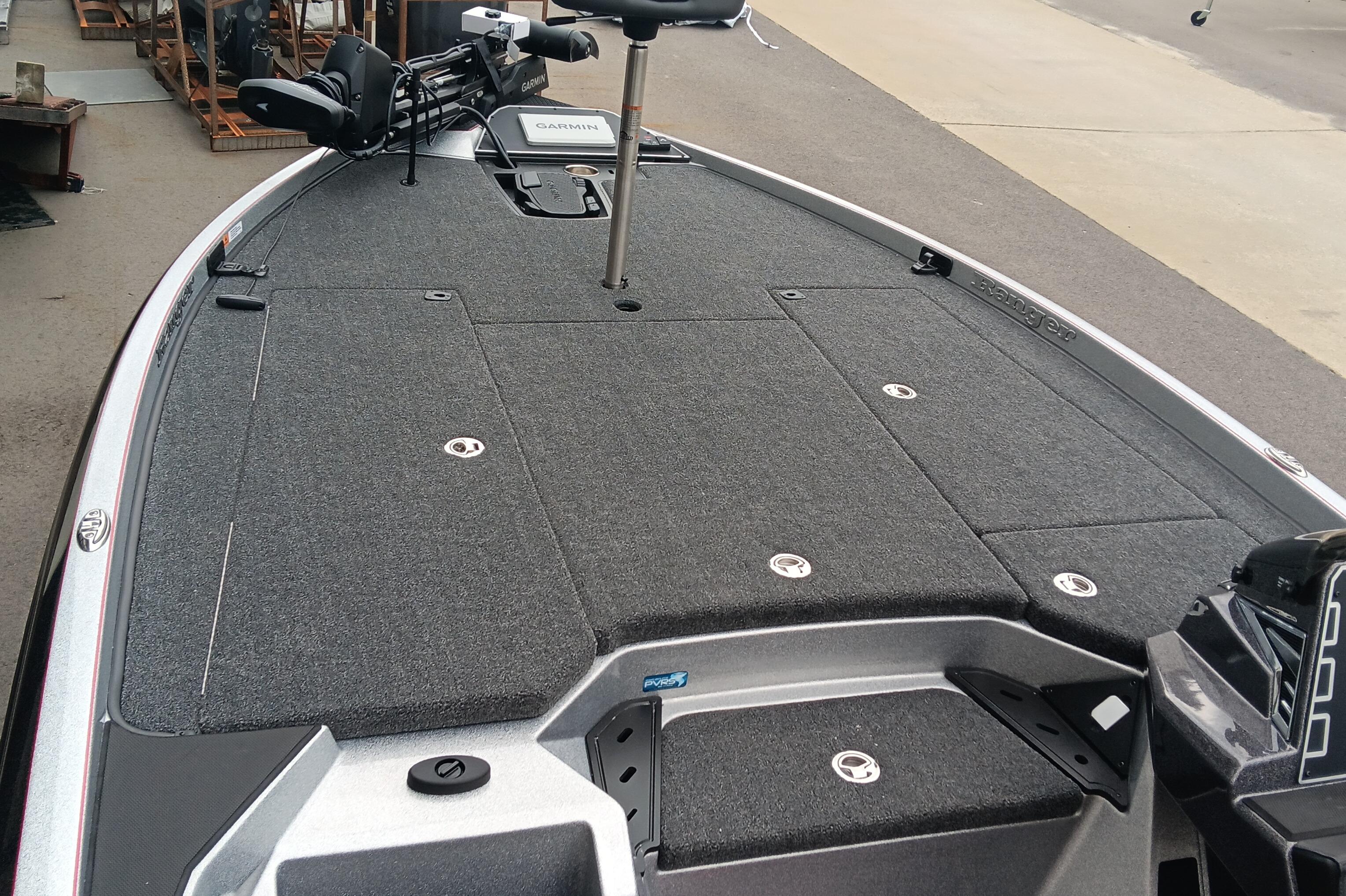 2026 Ranger Z520 boat deck with advanced fishing equipment and storage compartments.
