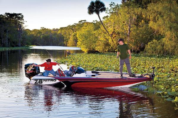 Manufacturer Provided Image: Two people fishing on a 2013 Nitro Z-8 boat in a lush, scenic river.
