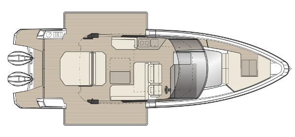 Top view of 2025 Saxdor 400 GTC boat layout with twin outboard engines.