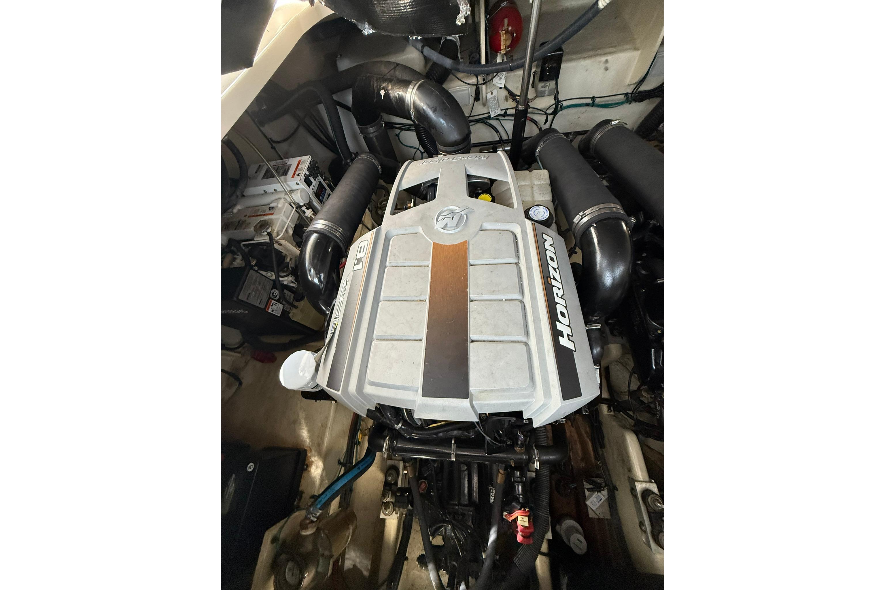 Engine compartment of a 2009 Sea Ray 350 Sundancer boat.