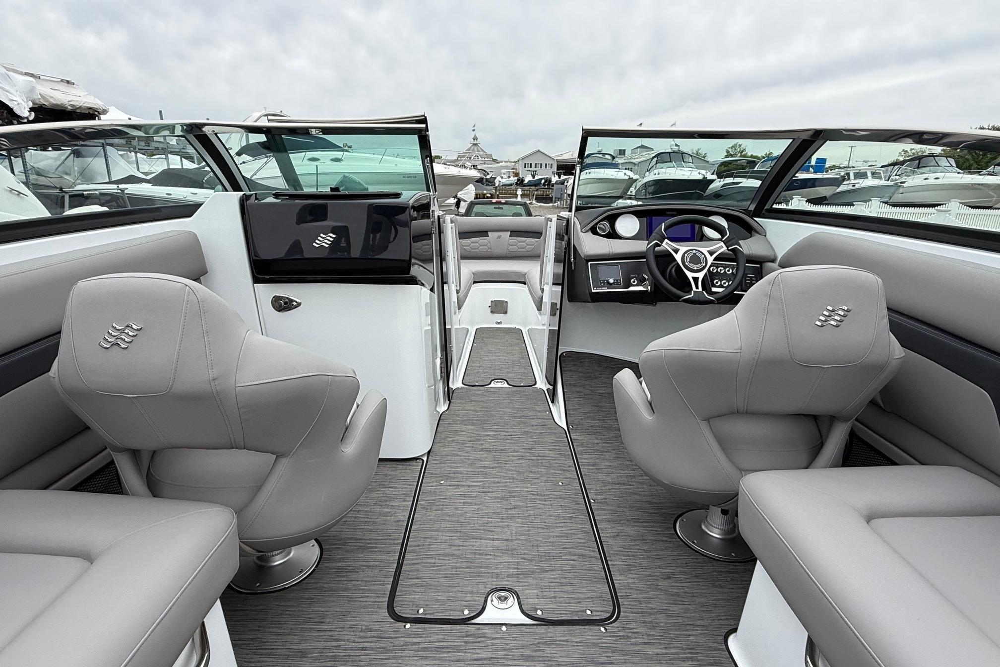 Interior of 2026 Four Winns HD5 OB with gray seating.