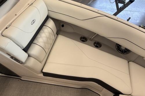 Luxurious interior seating of 2027 Regal LS4 boat with elegant white upholstery.