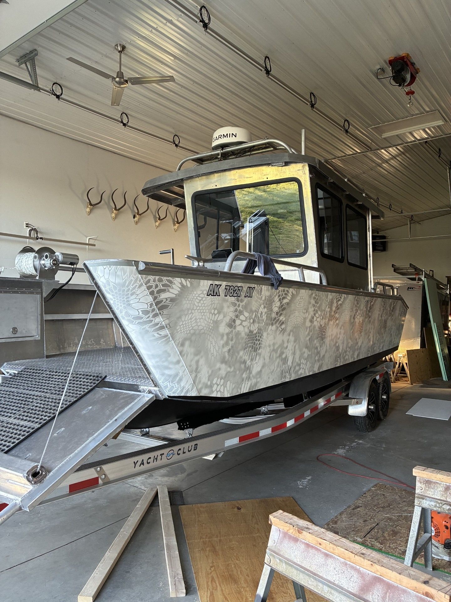 Custom Landing Craft 2026 in a garage on a trailer.